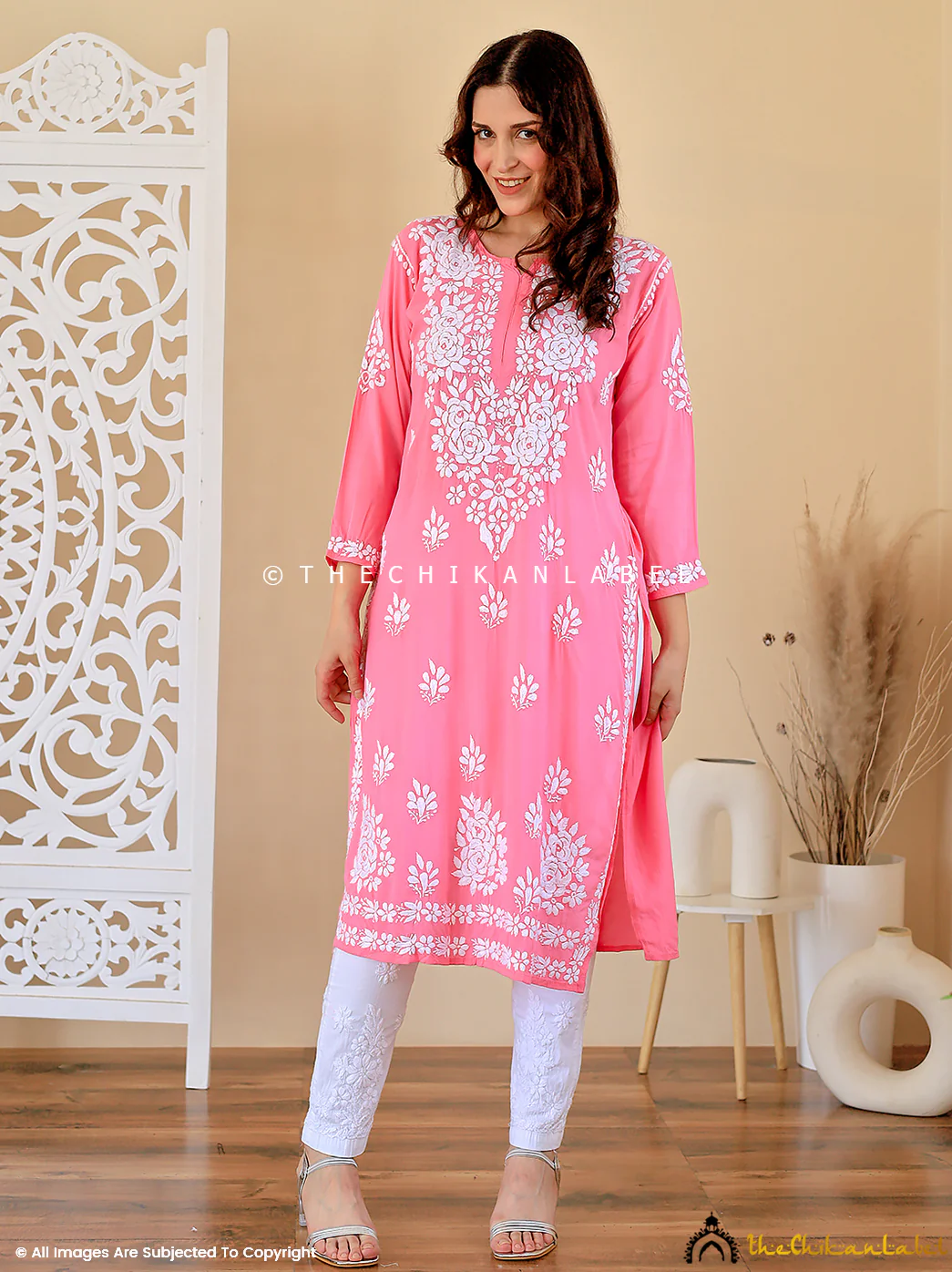 Pink Masoom Modal Chikankari Straight Kurti - Image 3
