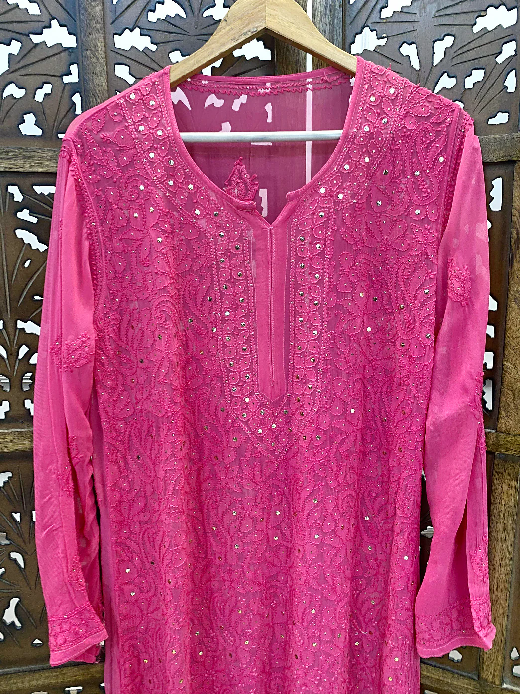 Pink Mukaish Viscose Chikankari Straight Kurti - Image 3