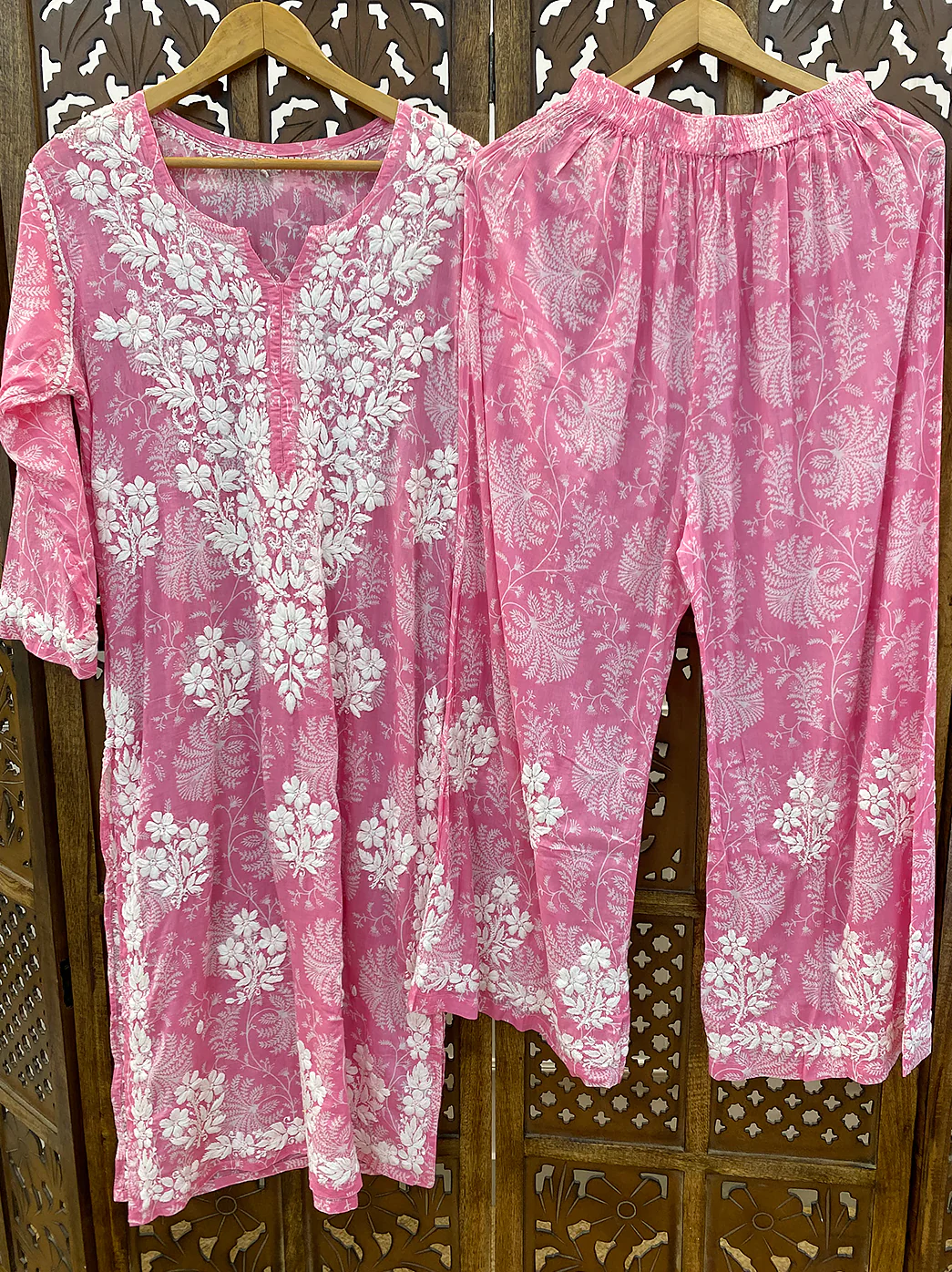 Pink Mulmul Chikankari Kurti Palazzo Set - Image 2