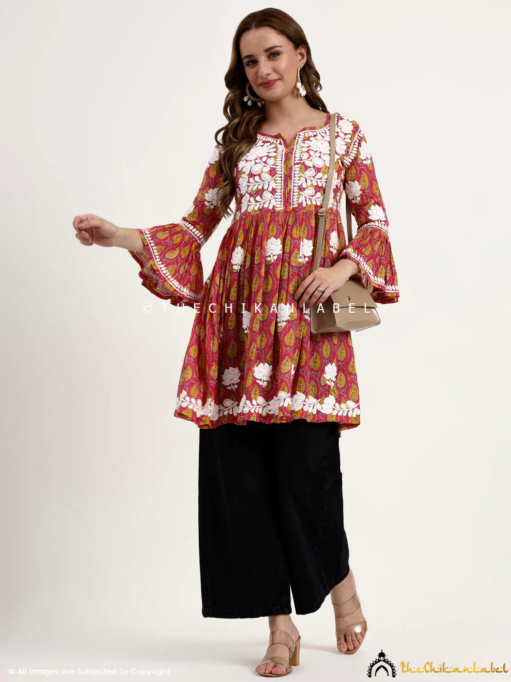 Pink Aamira Mulmul Printed Chikankari Peplum Top - Image 6