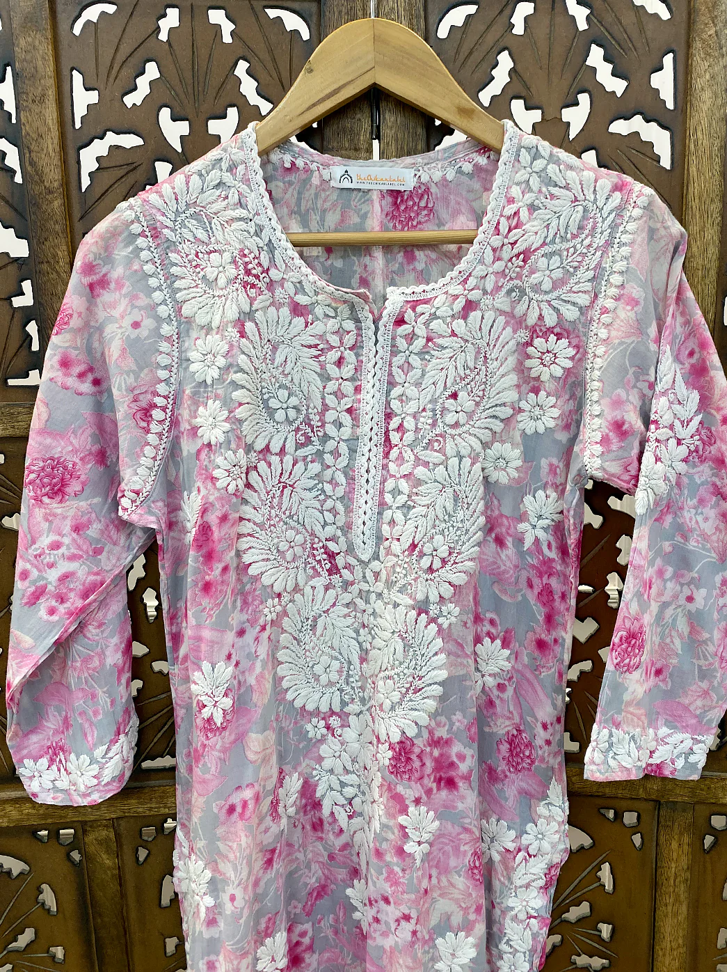 Pink Mulmul Printed Chikankari Straight Kurti - Image 3