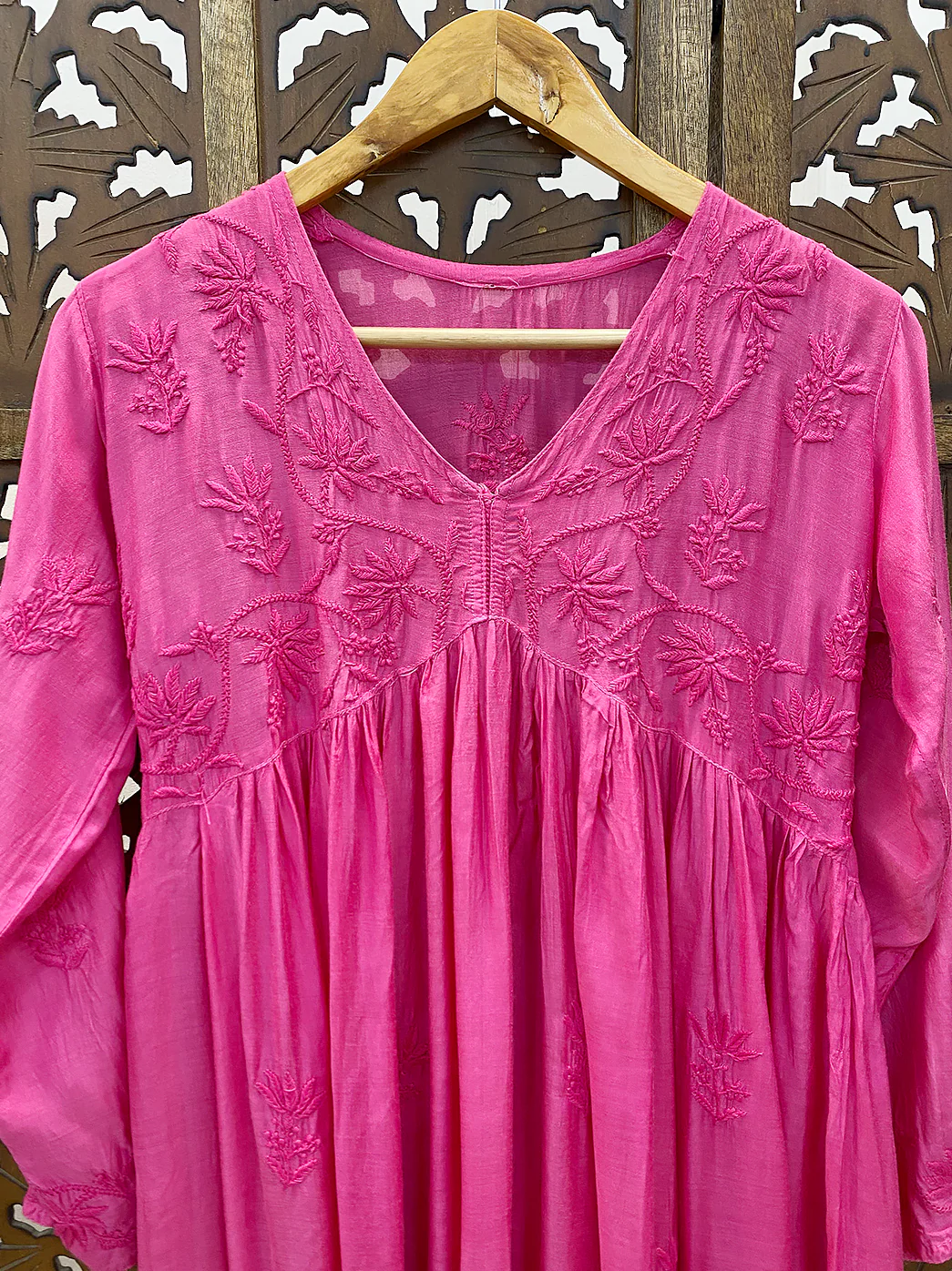 Pink Muslin Chikankari A-Line Kurti - Image 3