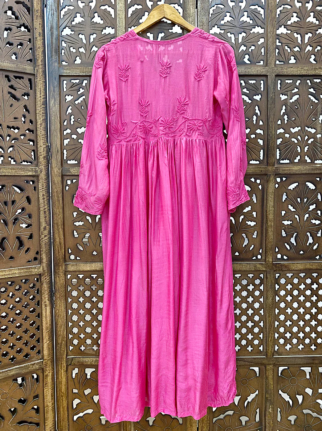 Pink Muslin Chikankari A-Line Kurti - Image 4