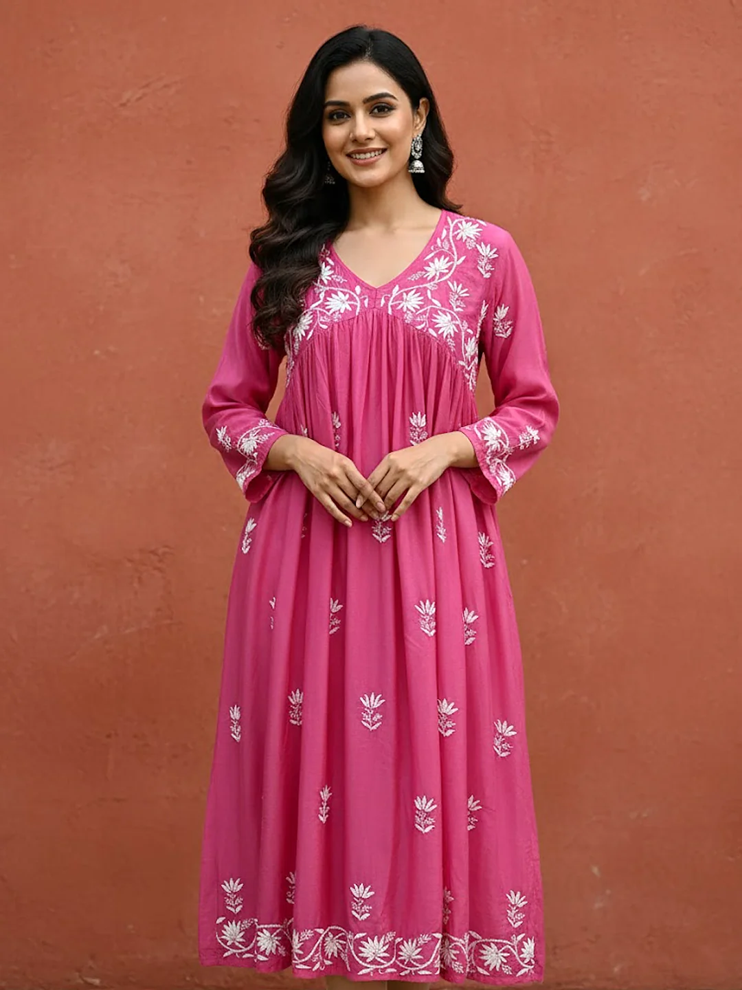 Pink Muslin Chikankari A-Line Kurti