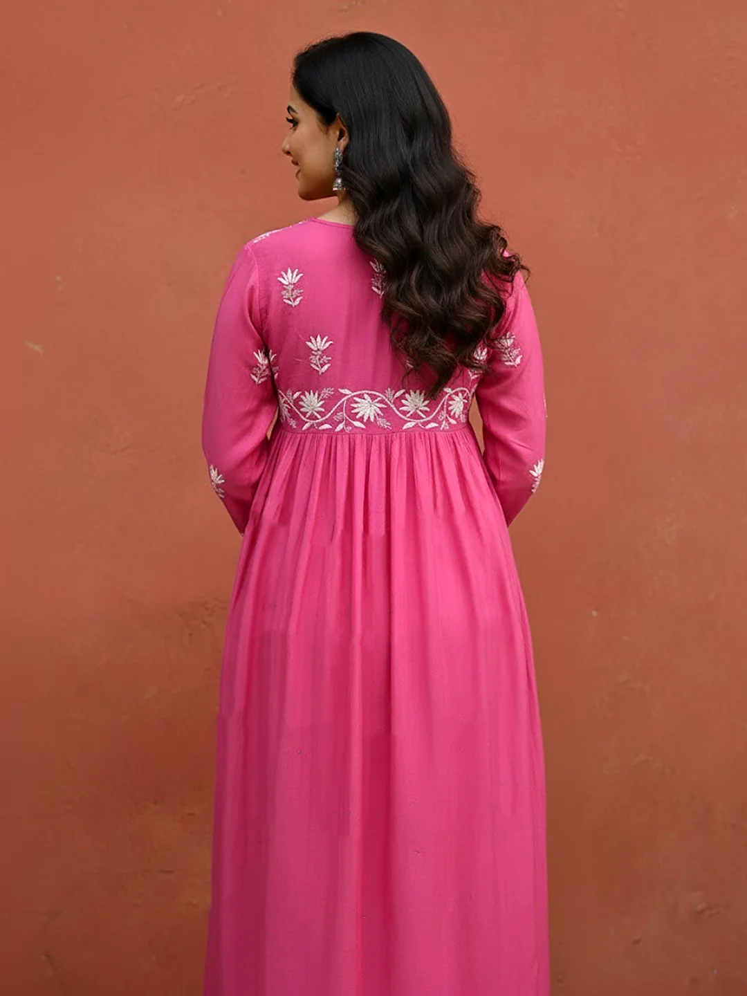 Pink Muslin Chikankari A-Line Kurti - Image 3