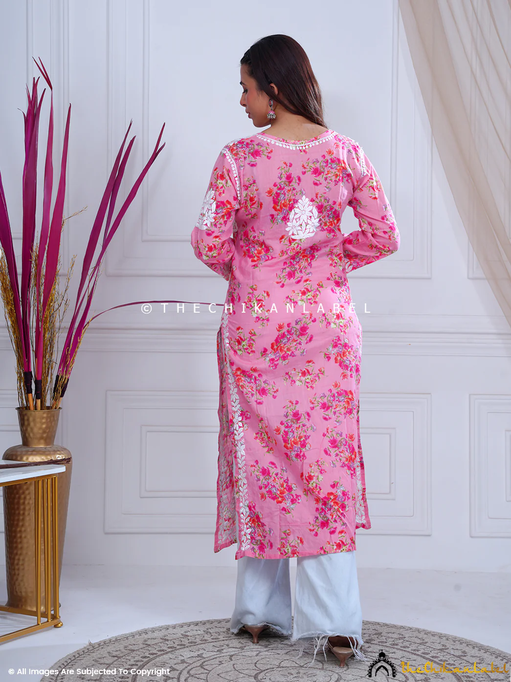 Qaifa Mulmul Cotton Chikankari Straight Kurti - Pink - Image 3