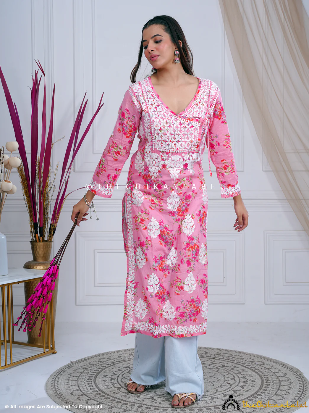 Qaifa Mulmul Cotton Chikankari Straight Kurti - Pink - Image 4
