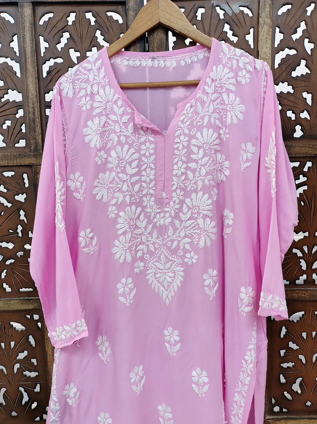 Pink Rayon Chikankari Straight Kurti - Image 3