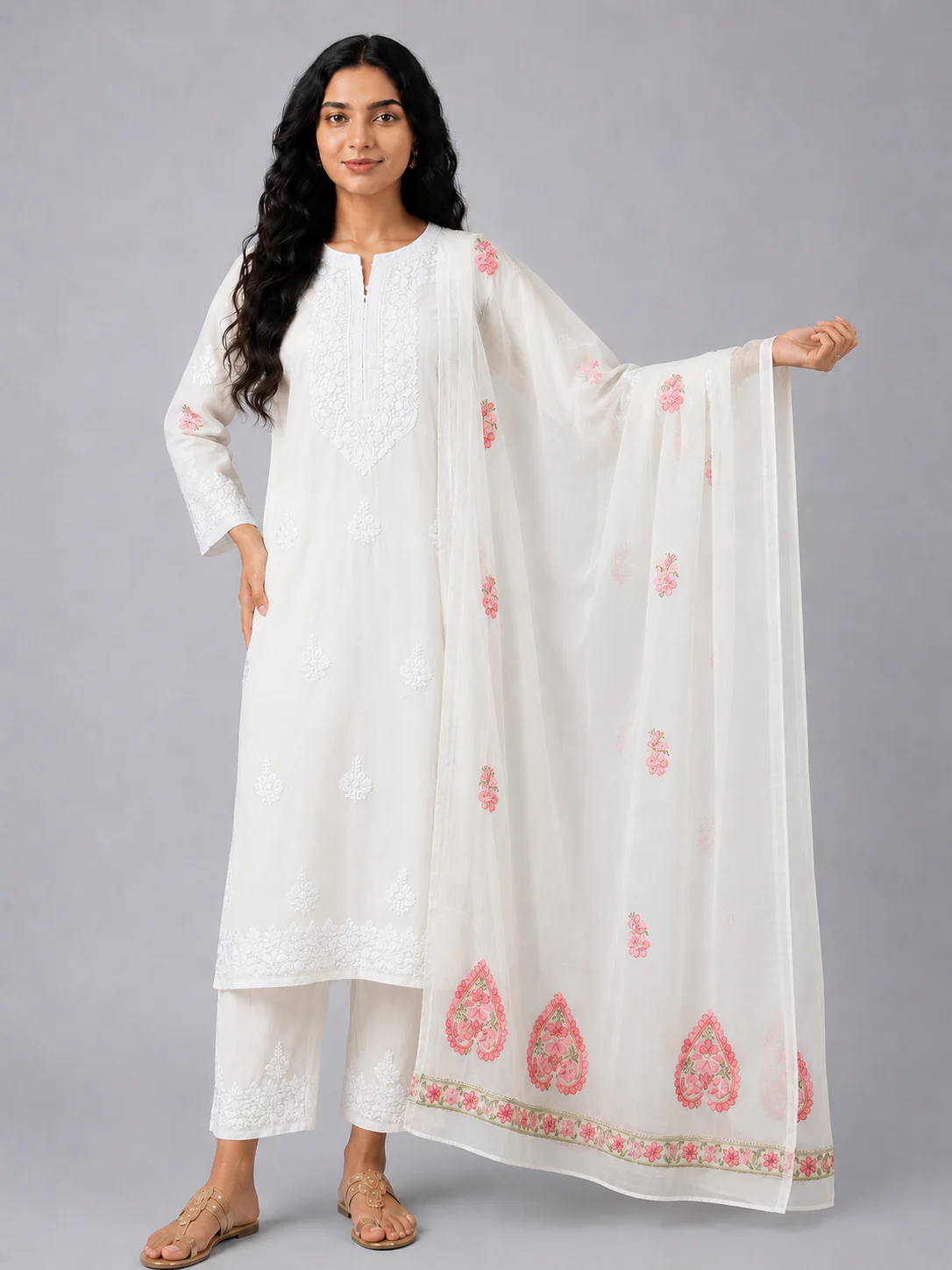 Pink Semi Organza Chikankari Dupatta - Image 3