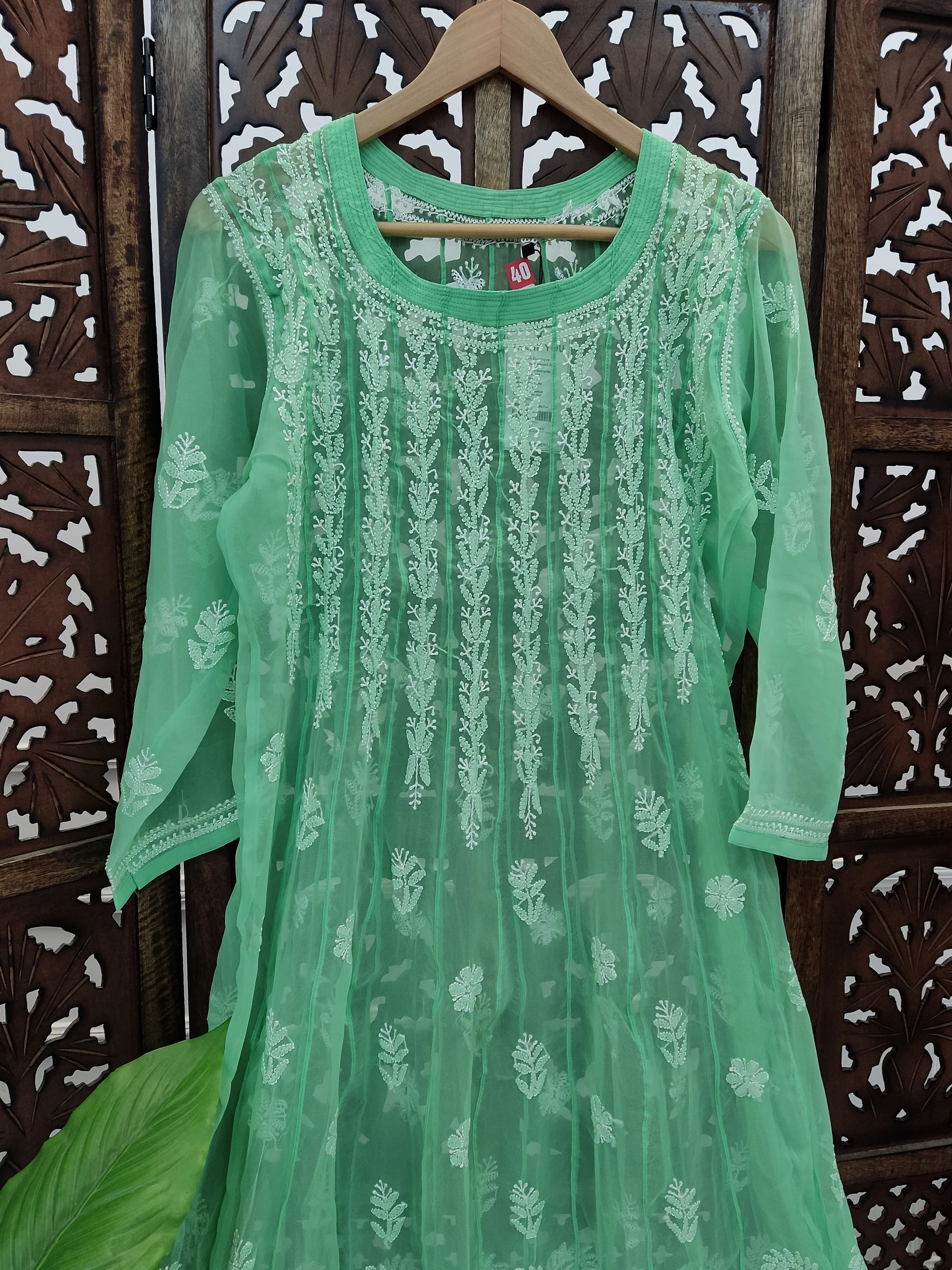 Pista Green Georgette Chikankari Anarkali Kurti - Image 3