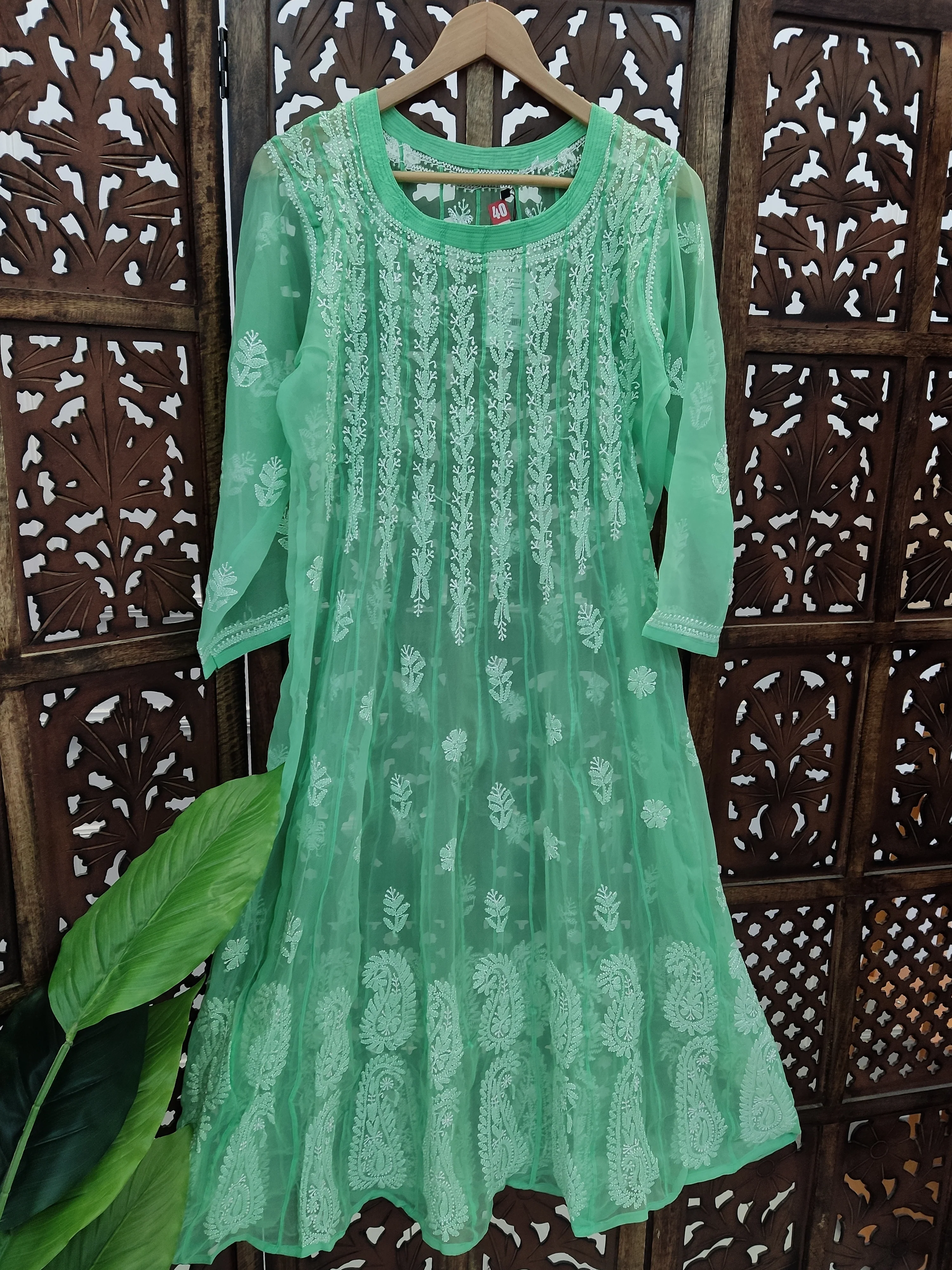 Pista Green Georgette Chikankari Anarkali Kurti - Image 4
