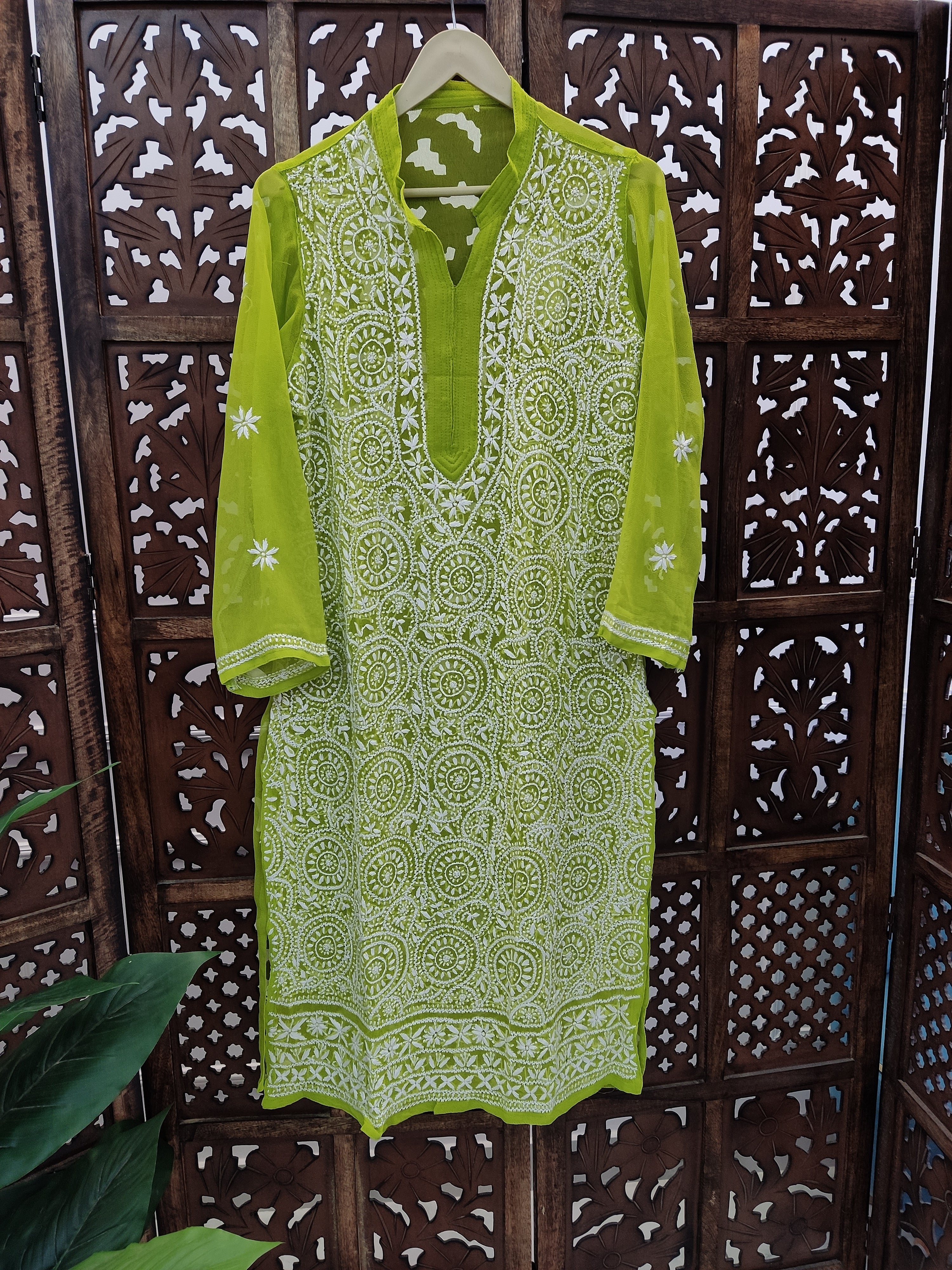 Pista Green Georgette Chikankari Straight Kurti - Image 2