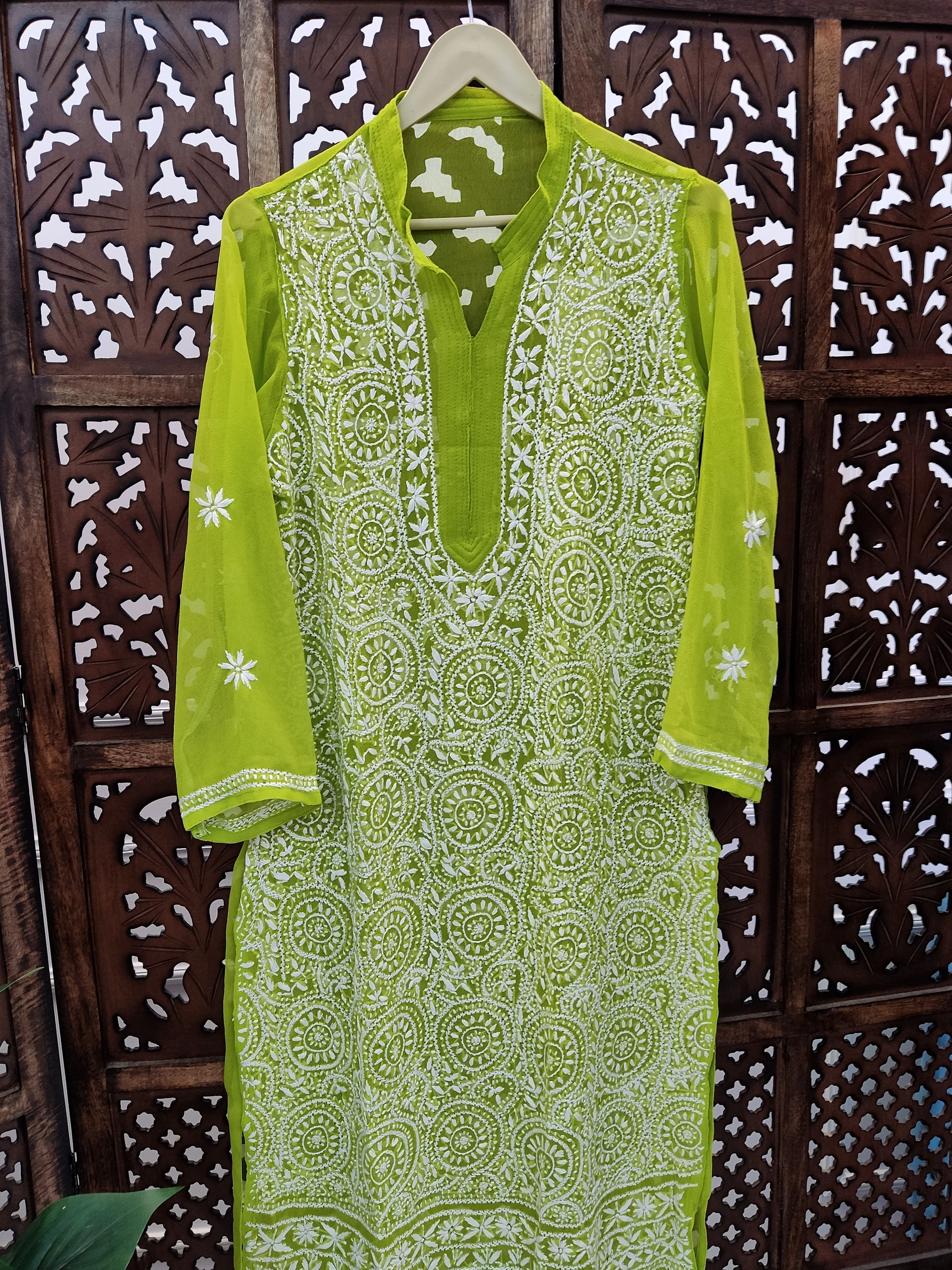 Pista Green Georgette Chikankari Straight Kurti - Image 3