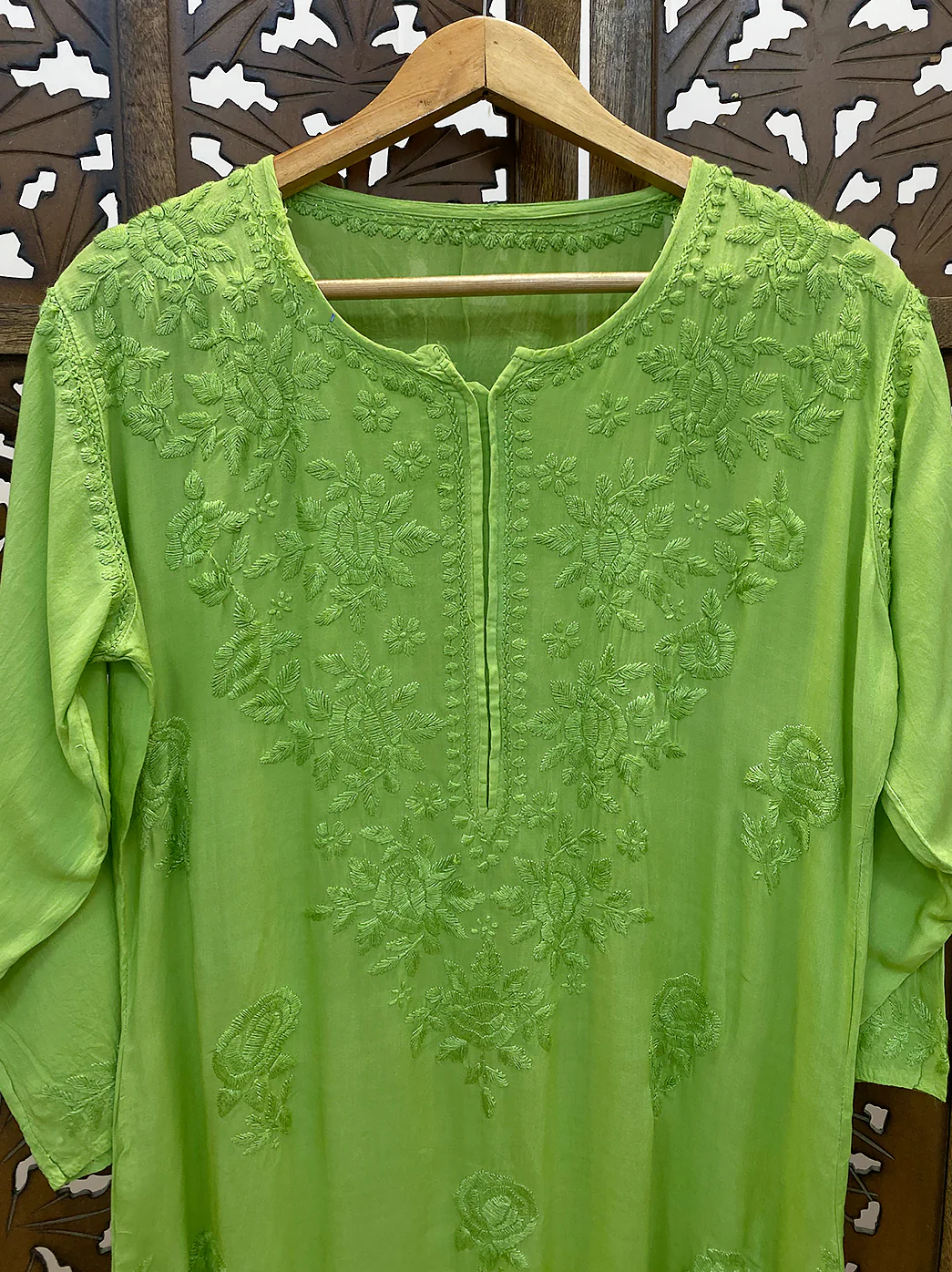 Pista Green Modal Chikankari Straight Kurti - Image 3