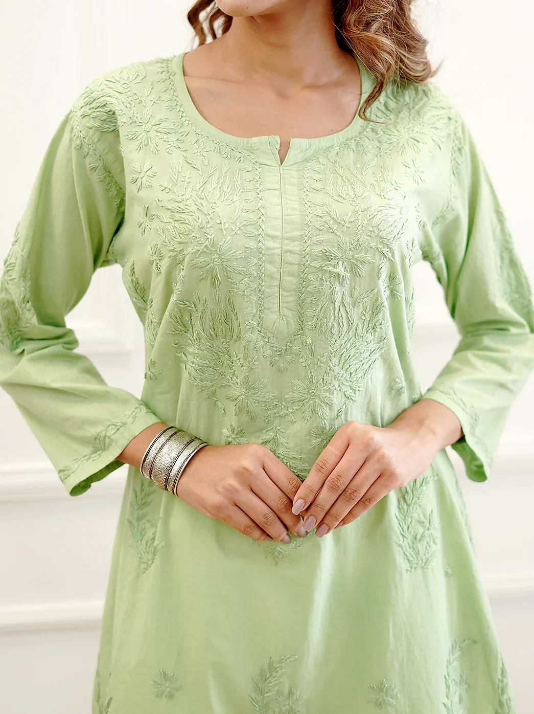 Pista Green Modal Chikankari Straight Kurti - Image 2
