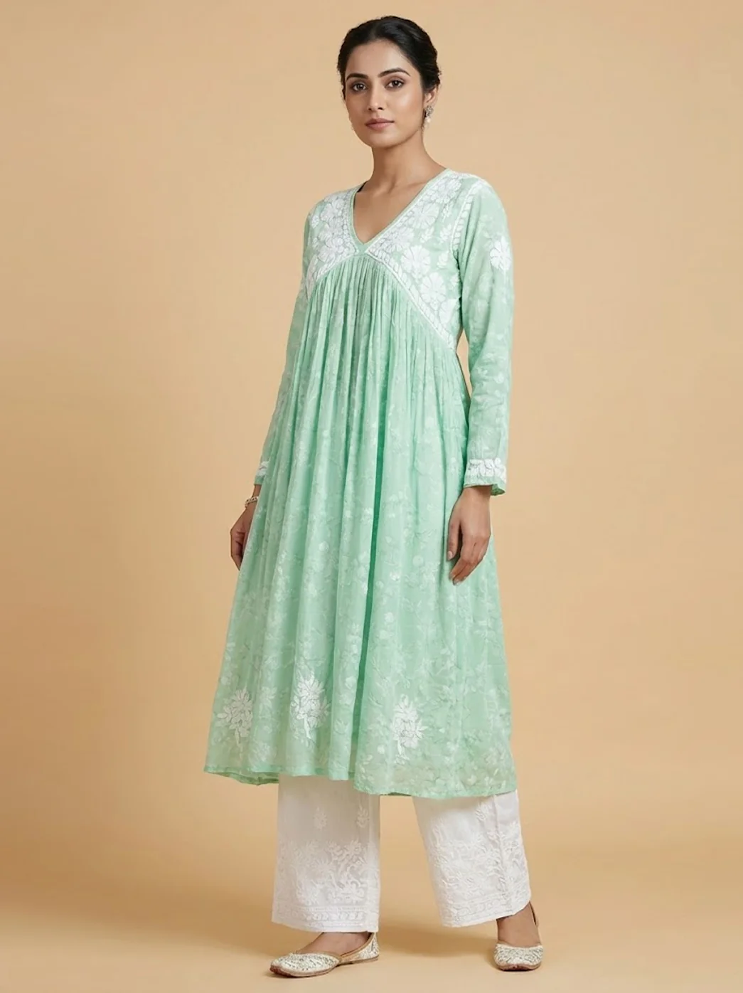 Pista Green Mulmul Chikankari A-Line Kurti