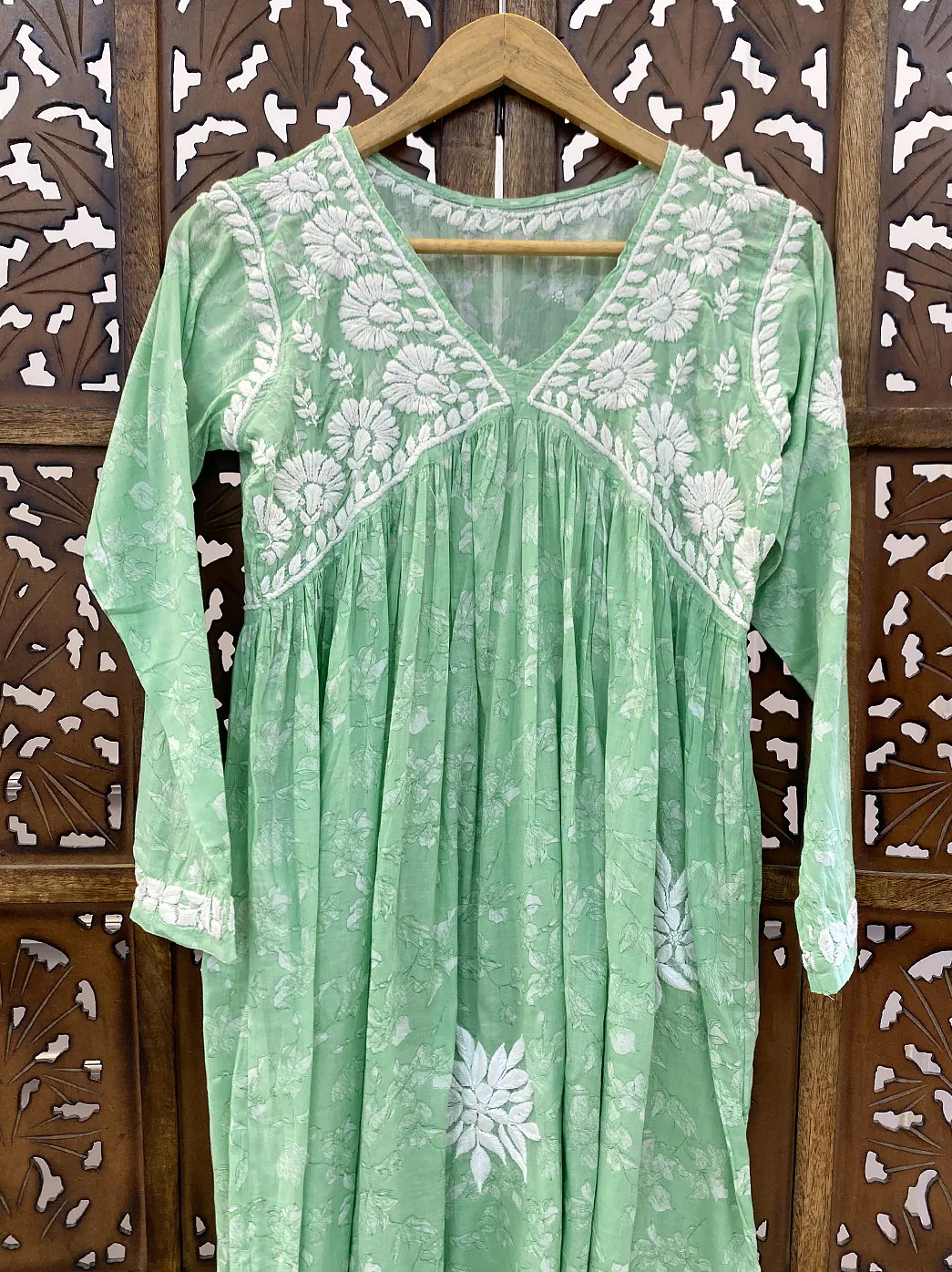 Pista Green Mulmul Chikankari Anarkali - Image 3