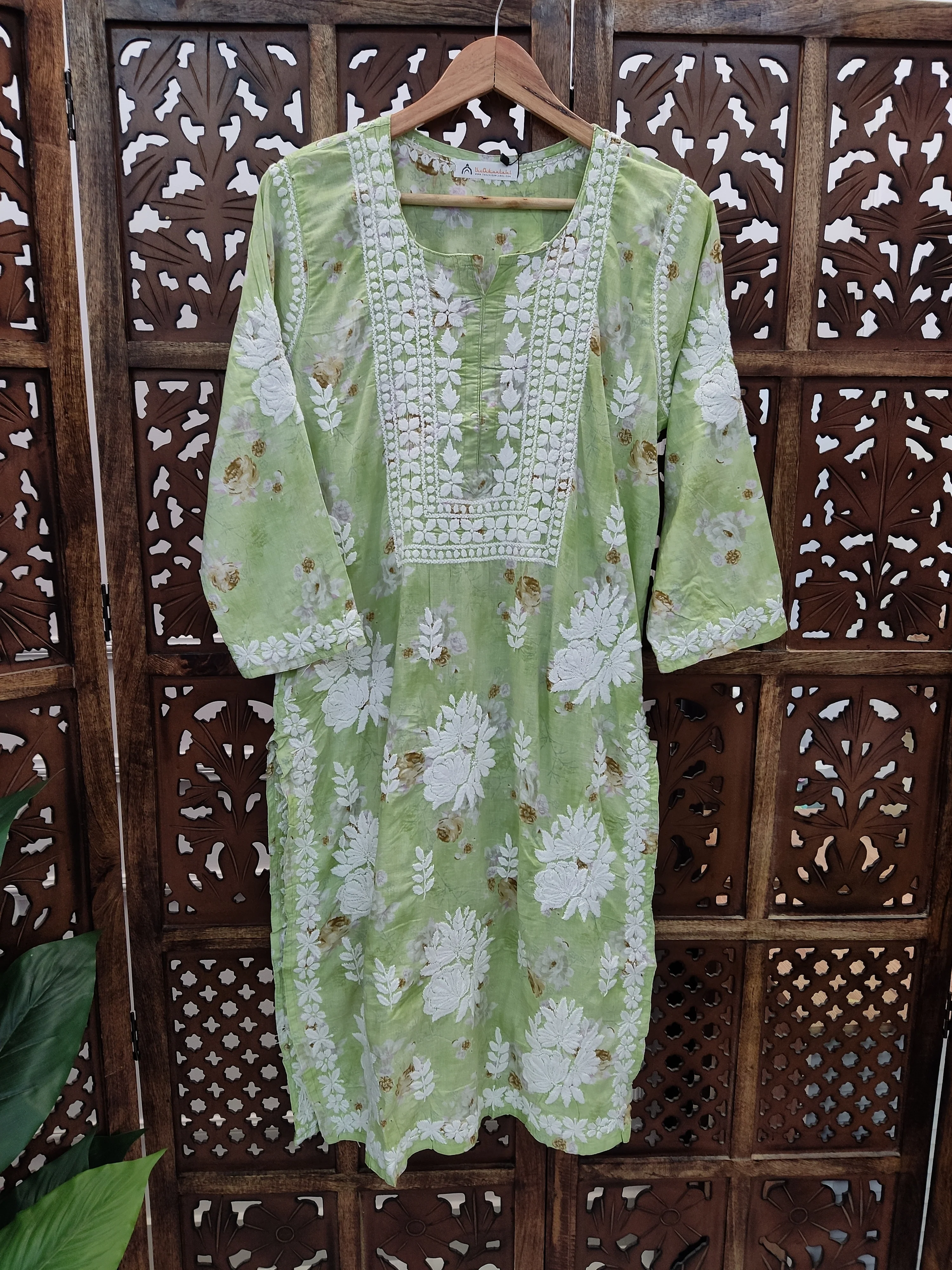 Pista Green Mulmul Printed Chikankari Straight Kurti - Image 2