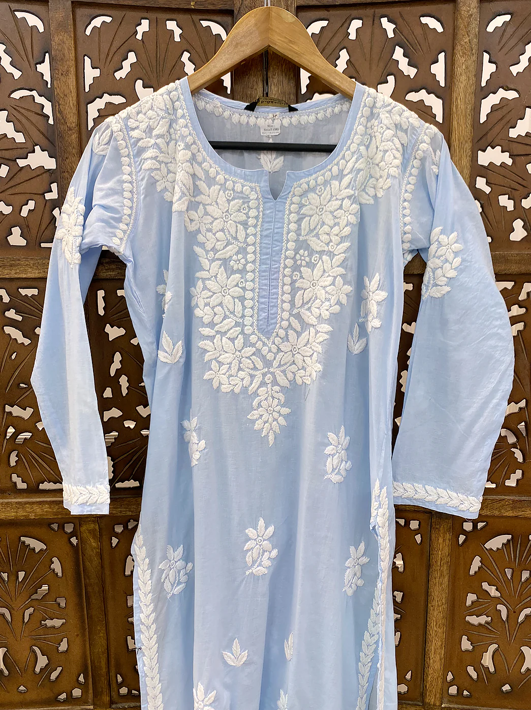 Powder Blue Cotton Chikankari Straight Kurti - Image 3