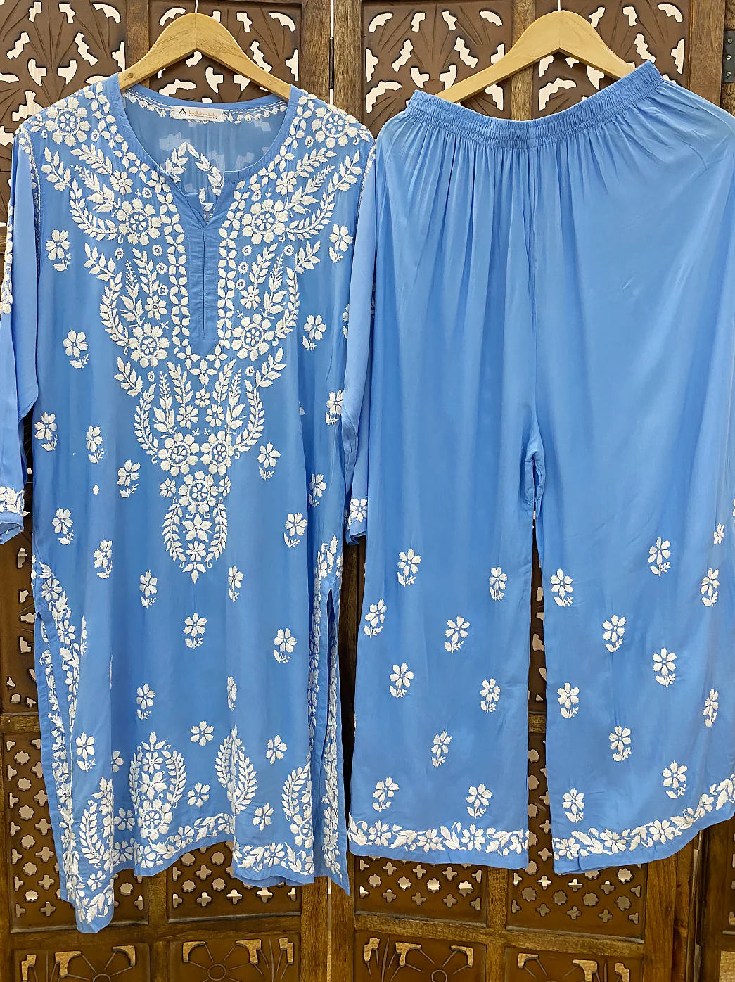 Powder Blue Modal Chikankari Kurti Palazzo Set - Image 2