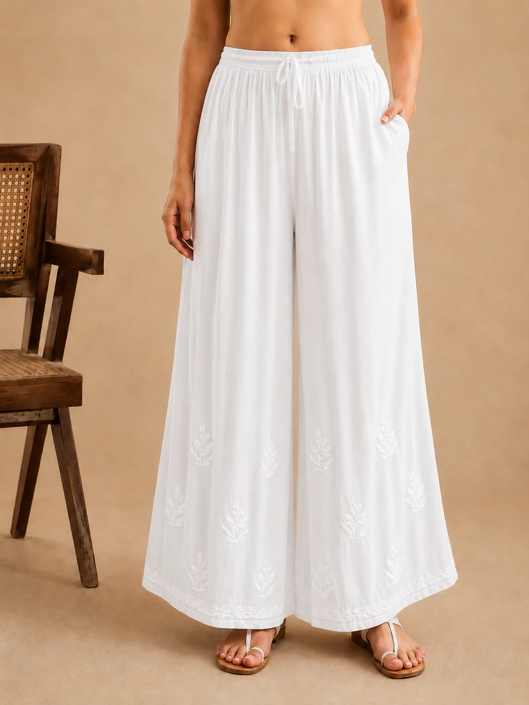 Premium Modal Chikankari Wide Leg Palazzo - White - Image 3
