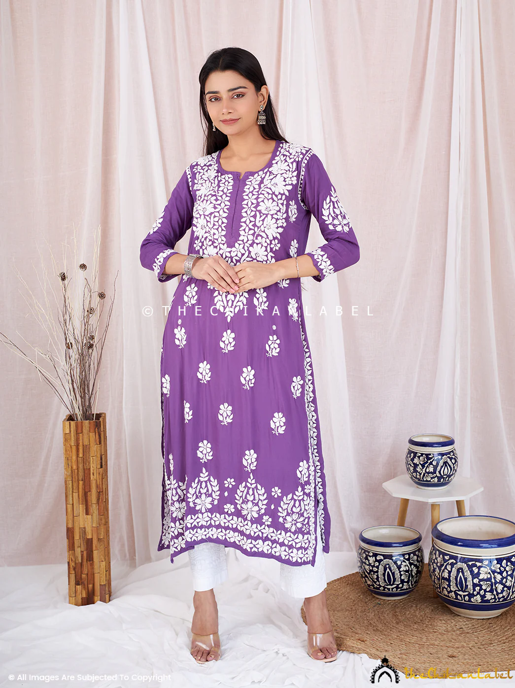 Kaina Modal Chikankari Straight Kurti- Purple - Image 3