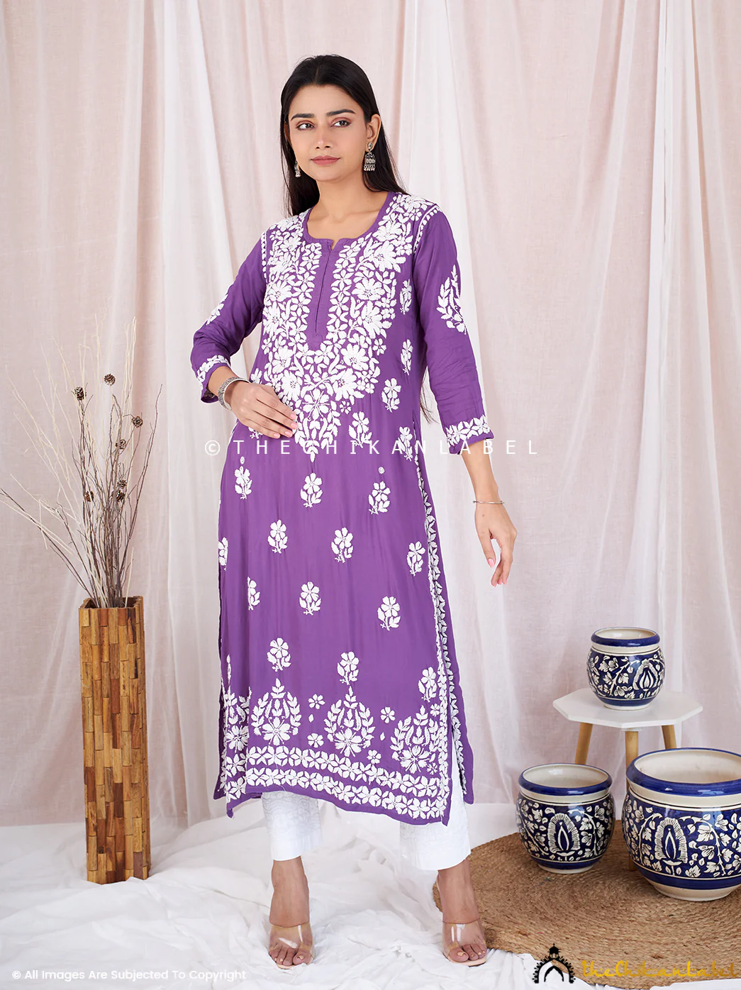 Kaina Modal Chikankari Straight Kurti- Purple - Image 4