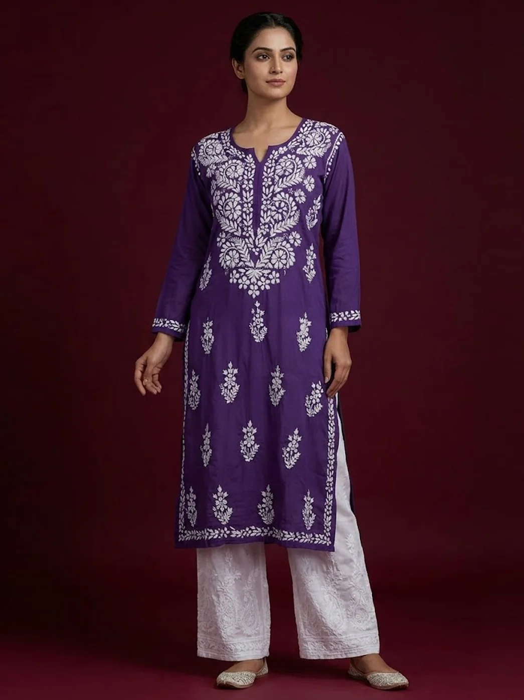Purple Modal Chikankari Straight Kurti