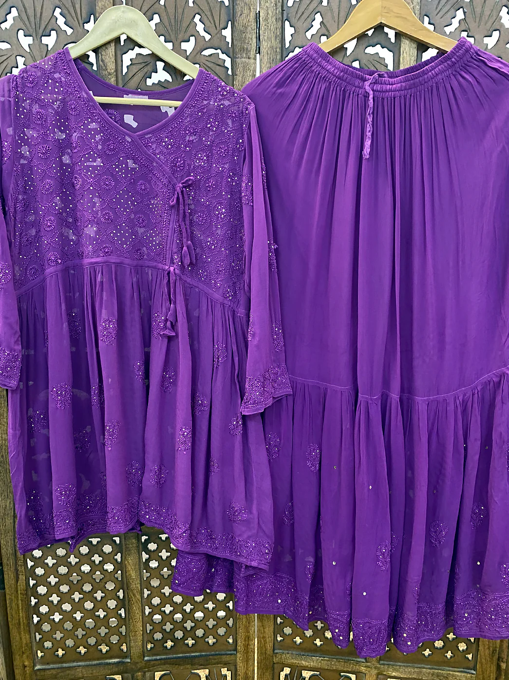 Purple Viscose Chikankari Kurta Garara Set - Image 2