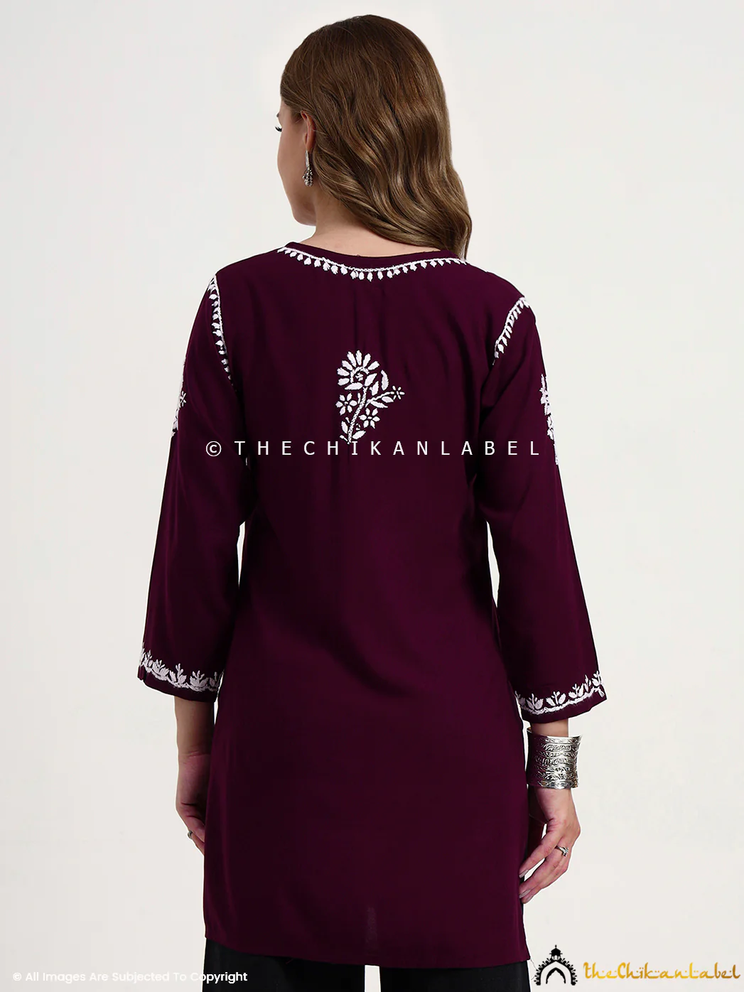 Ragavi Rayon Chikankari Short Top - Wine - Image 3