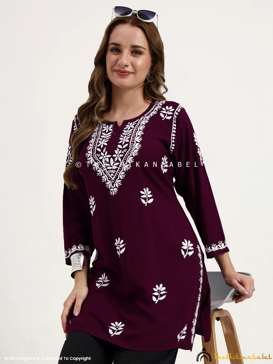 Ragavi Rayon Chikankari Short Top - Wine - Image 7