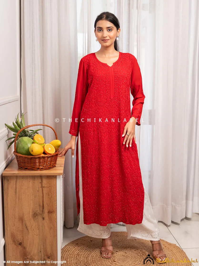Rakul Preet Red Viscose Chikankari Straight Kurti