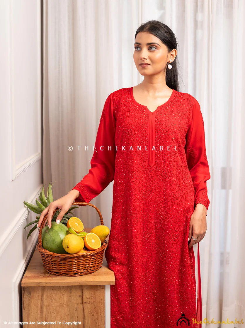 Rakul Preet Red Viscose Chikankari Straight Kurti - Image 6