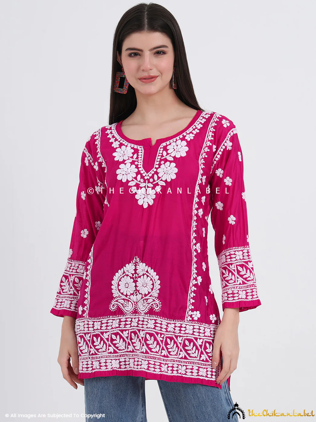 Idra Chanderi Chikankari Short Top - Rani Pink
