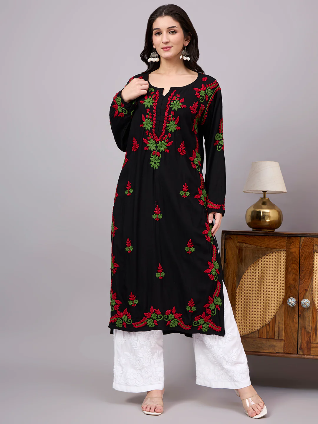 Rania Rayon Chikankari Straight Kurta - Red
