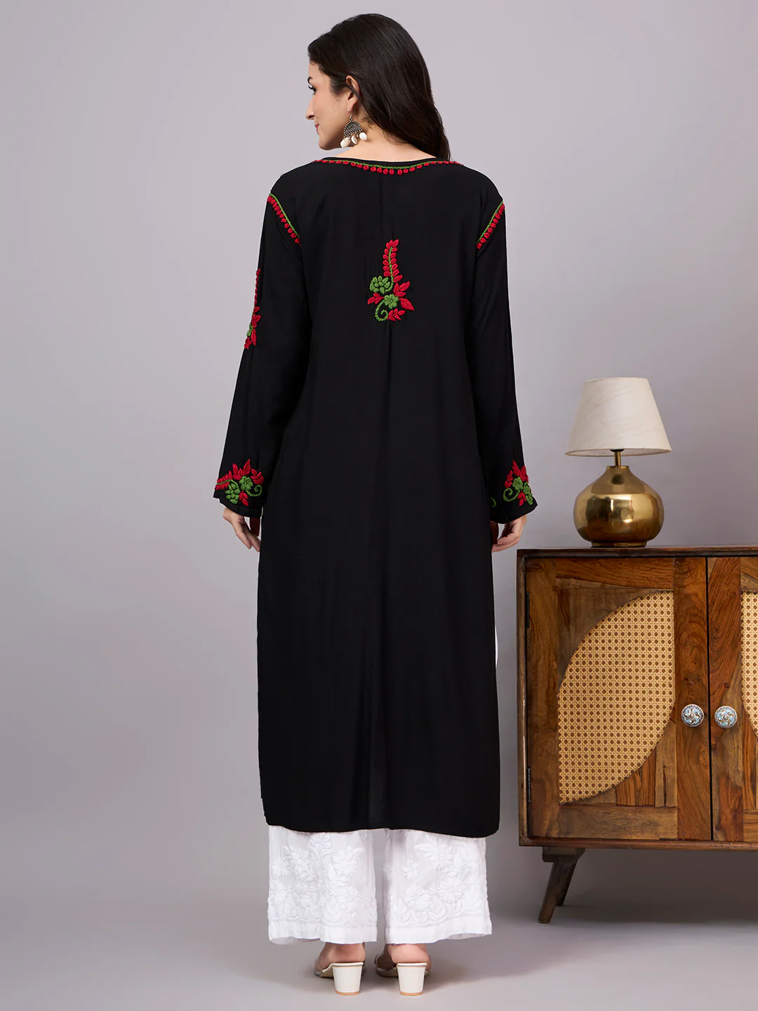 Rania Rayon Chikankari Straight Kurta - Red - Image 3