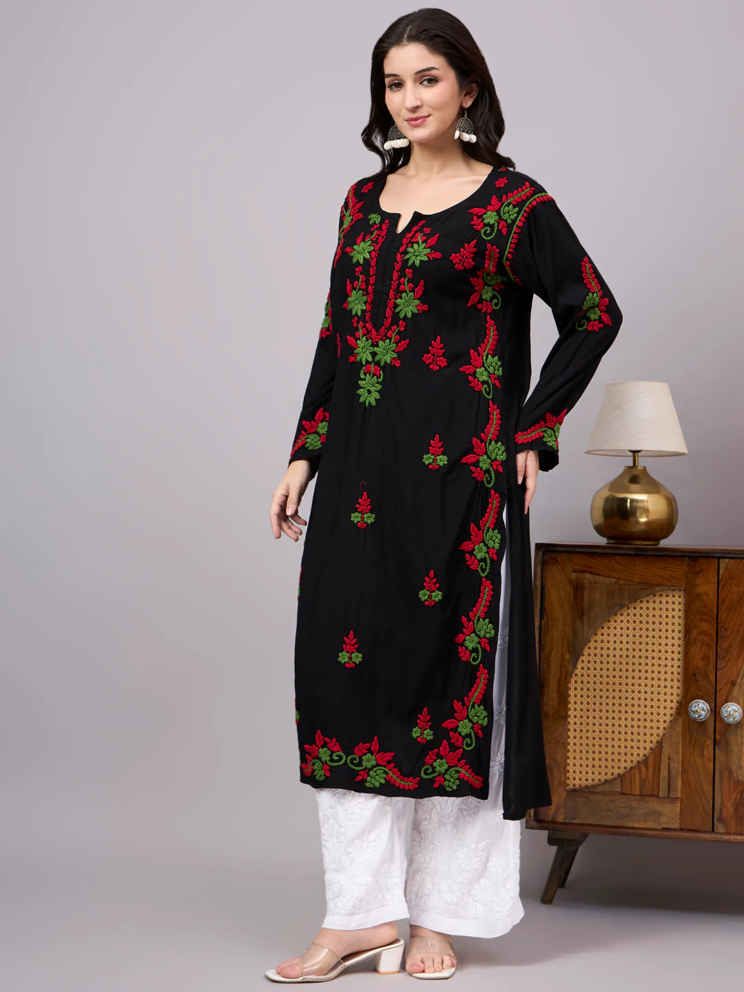 Rania Rayon Chikankari Straight Kurta - Red - Image 4