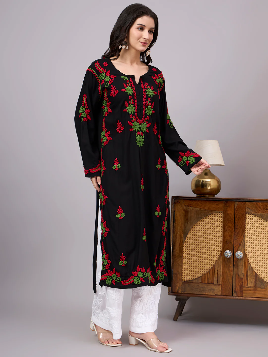Rania Rayon Chikankari Straight Kurta - Red - Image 5