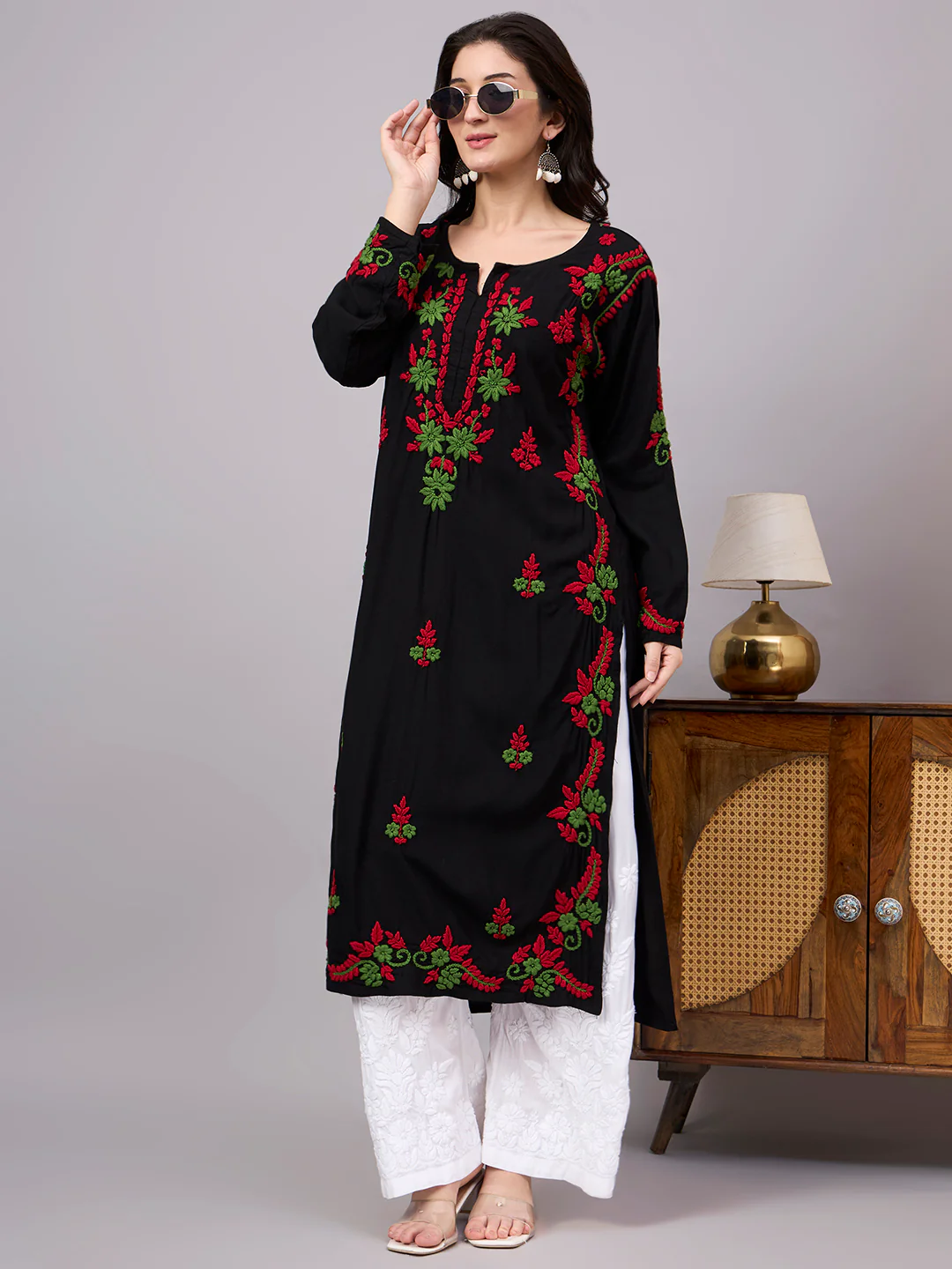 Rania Rayon Chikankari Straight Kurta - Red - Image 6