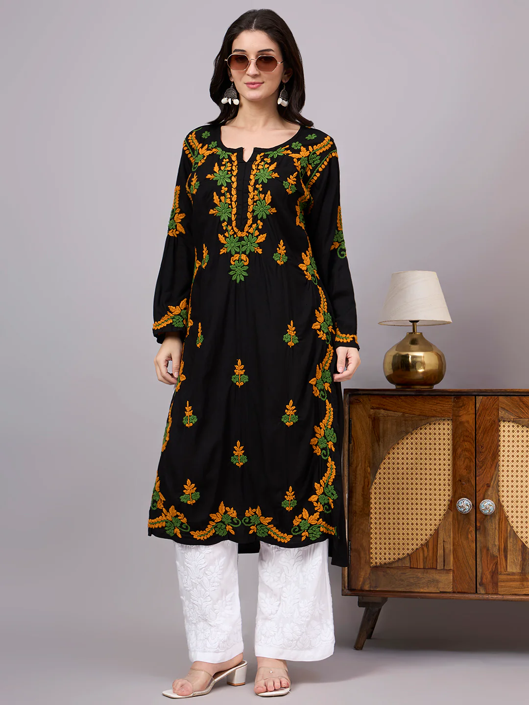 Rania Rayon Chikankari Straight Kurta - Yellow - Image 6