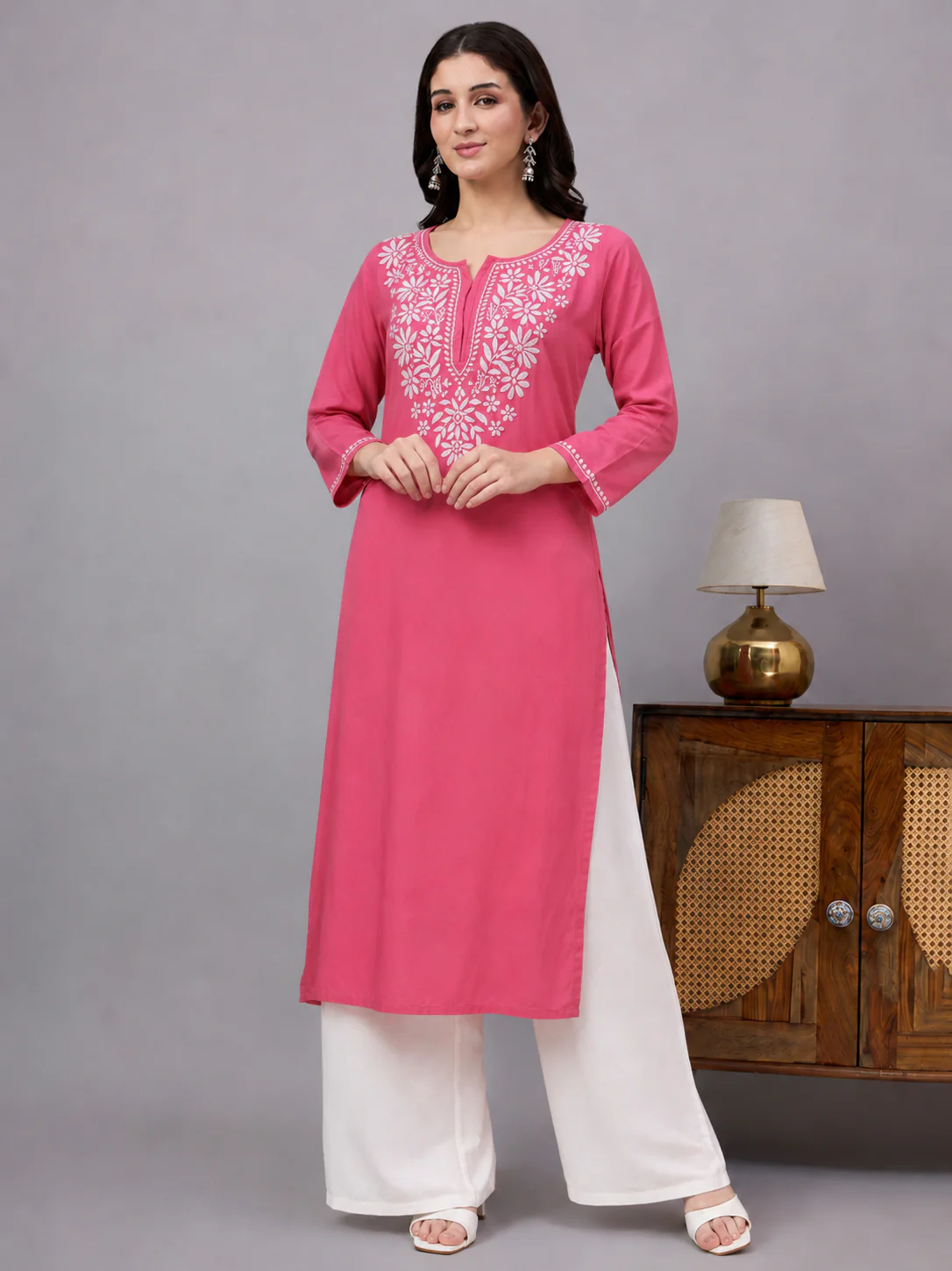Ranya Rayon Chikankari Straight Kurti - Pink