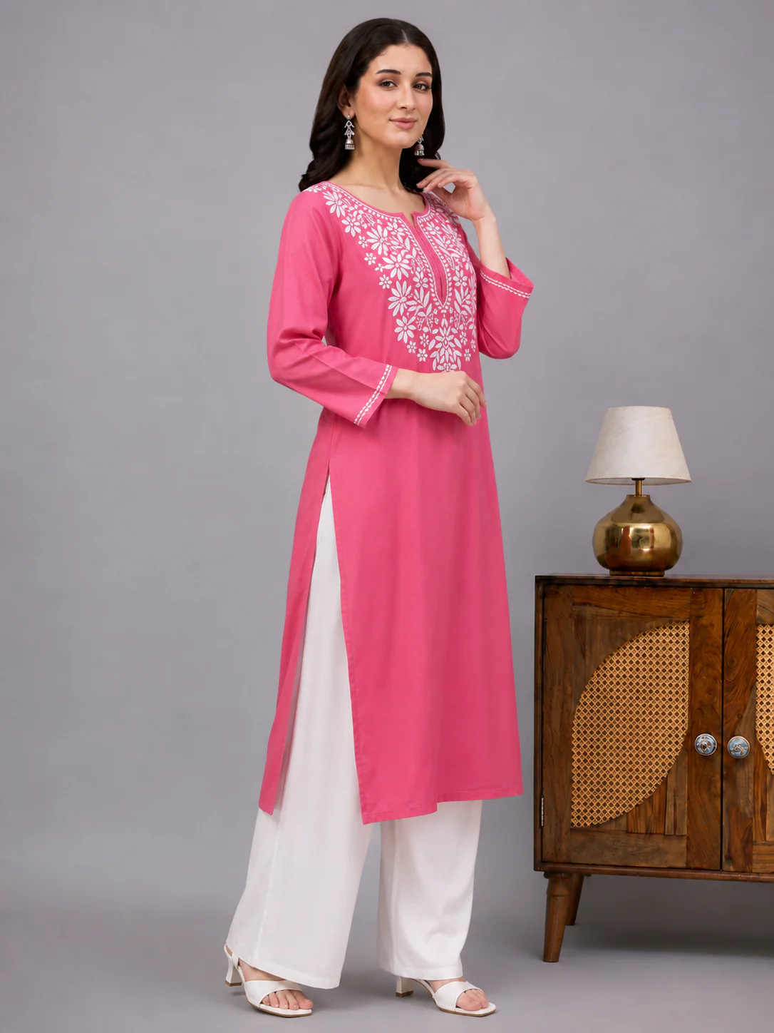 Ranya Rayon Chikankari Straight Kurti - Pink - Image 4