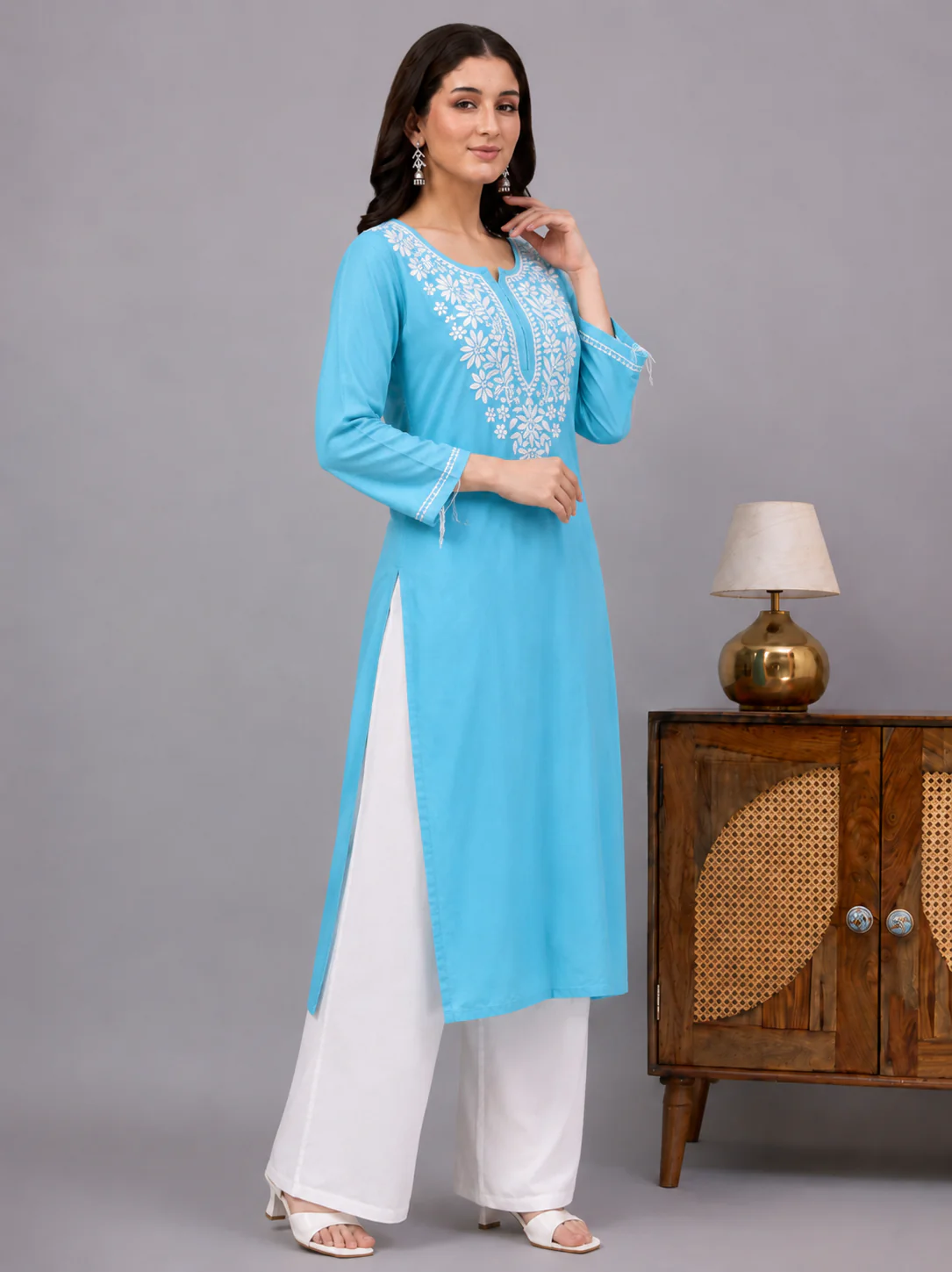 Ranya Rayon Chikankari Straight Kurti - Sky Blue - Image 2