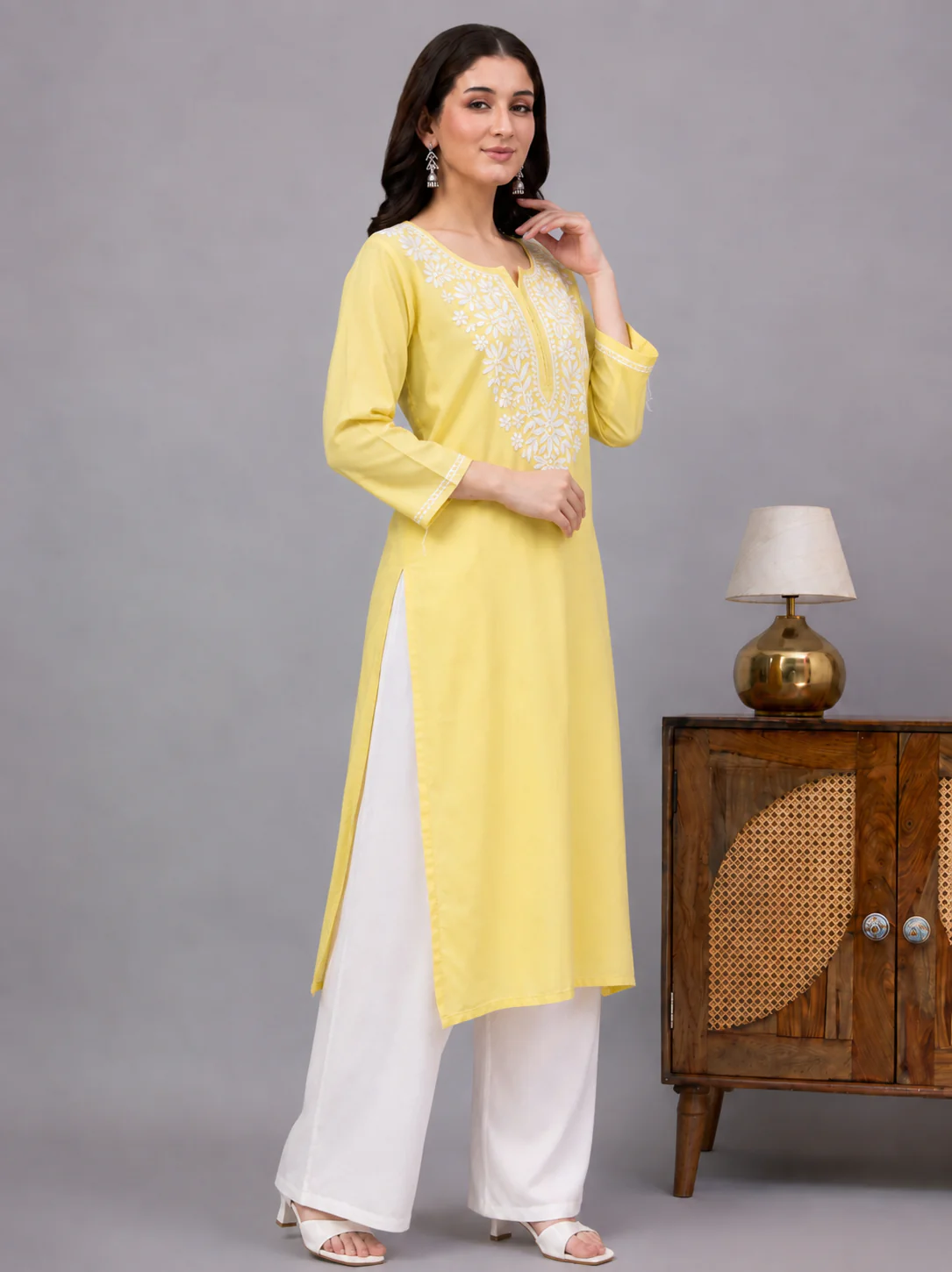 Ranya Rayon Chikankari Straight Kurti - Yellow - Image 2