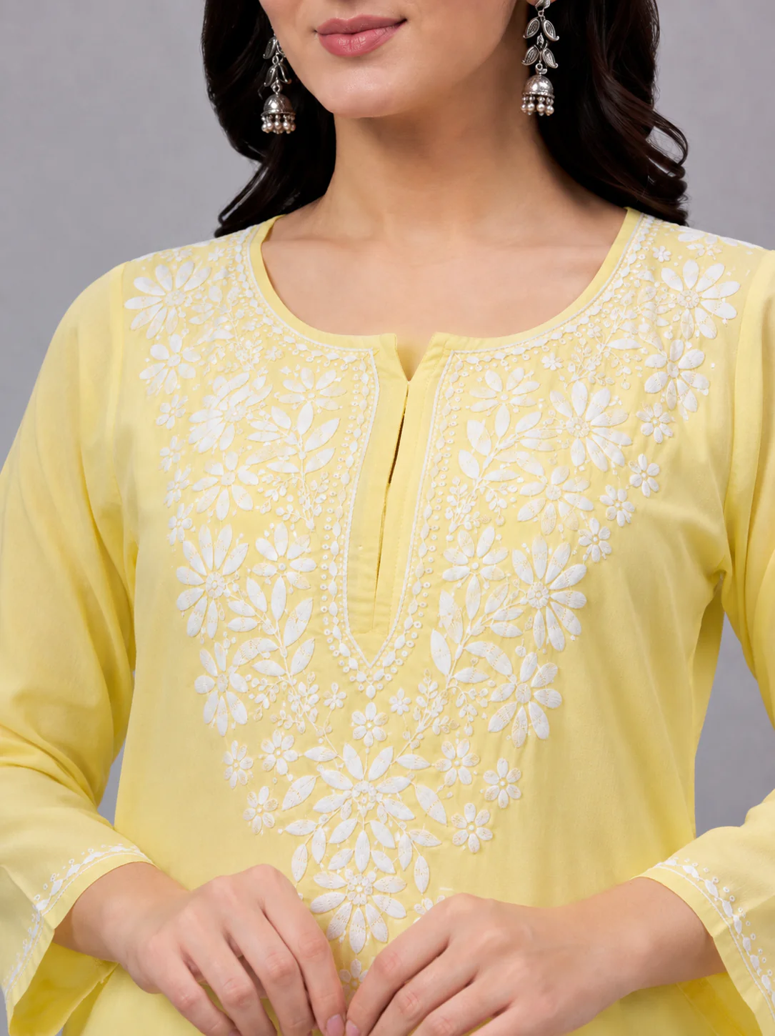 Ranya Rayon Chikankari Straight Kurti - Yellow - Image 3