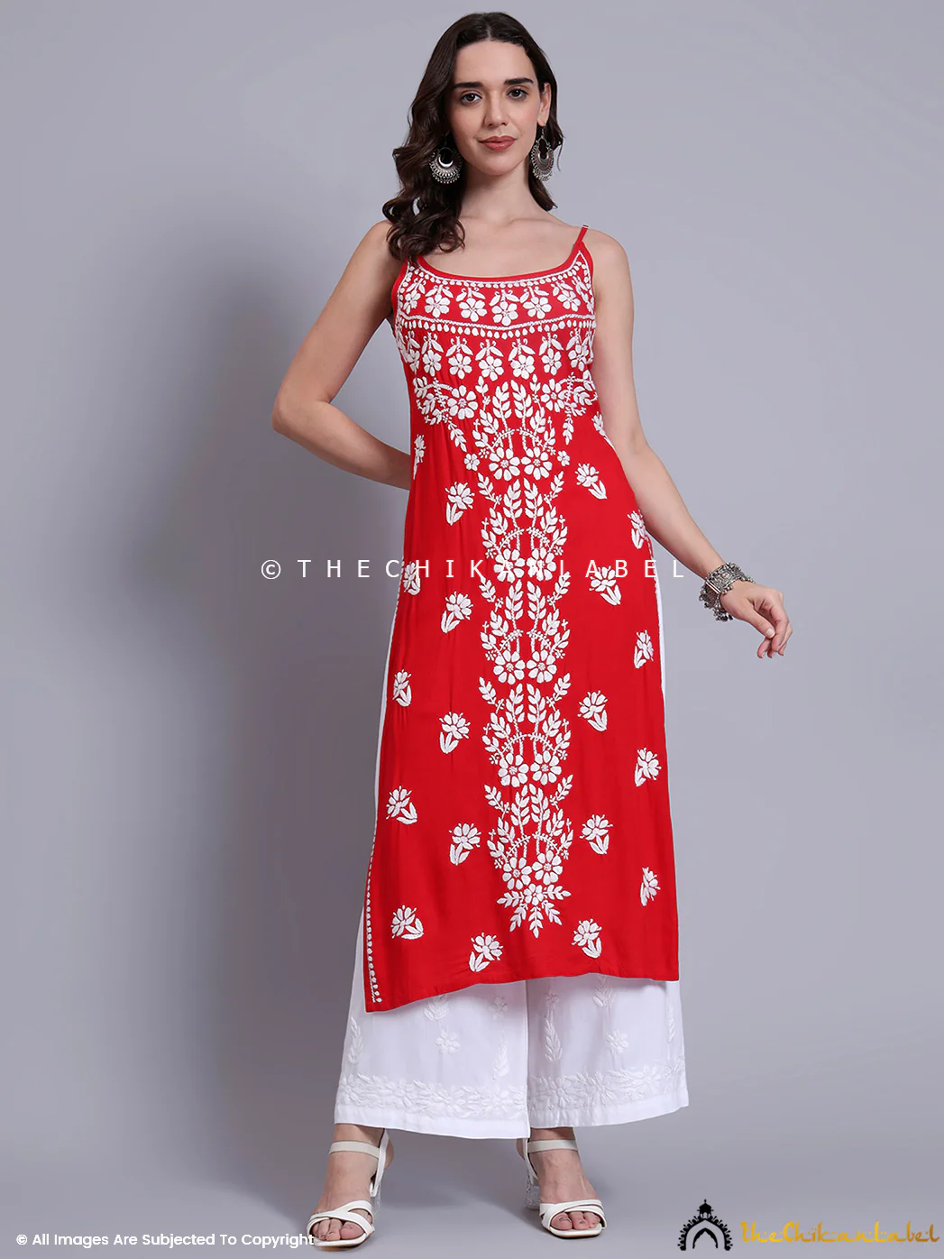 Aliza Modal Chikankari Strappy Long Kurta - Red