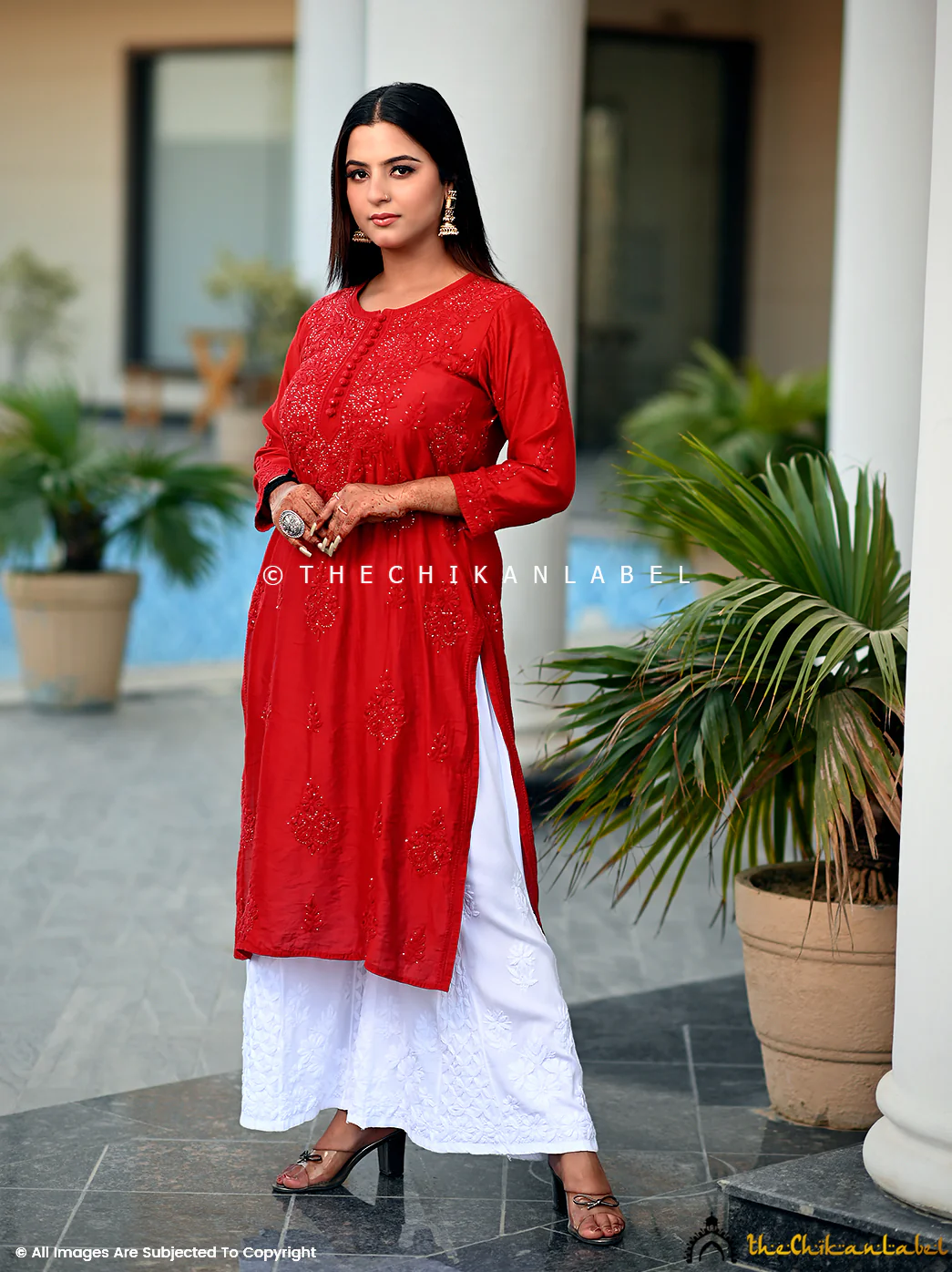 Aniya Chanderi Chikankari Straight Kurti - Red