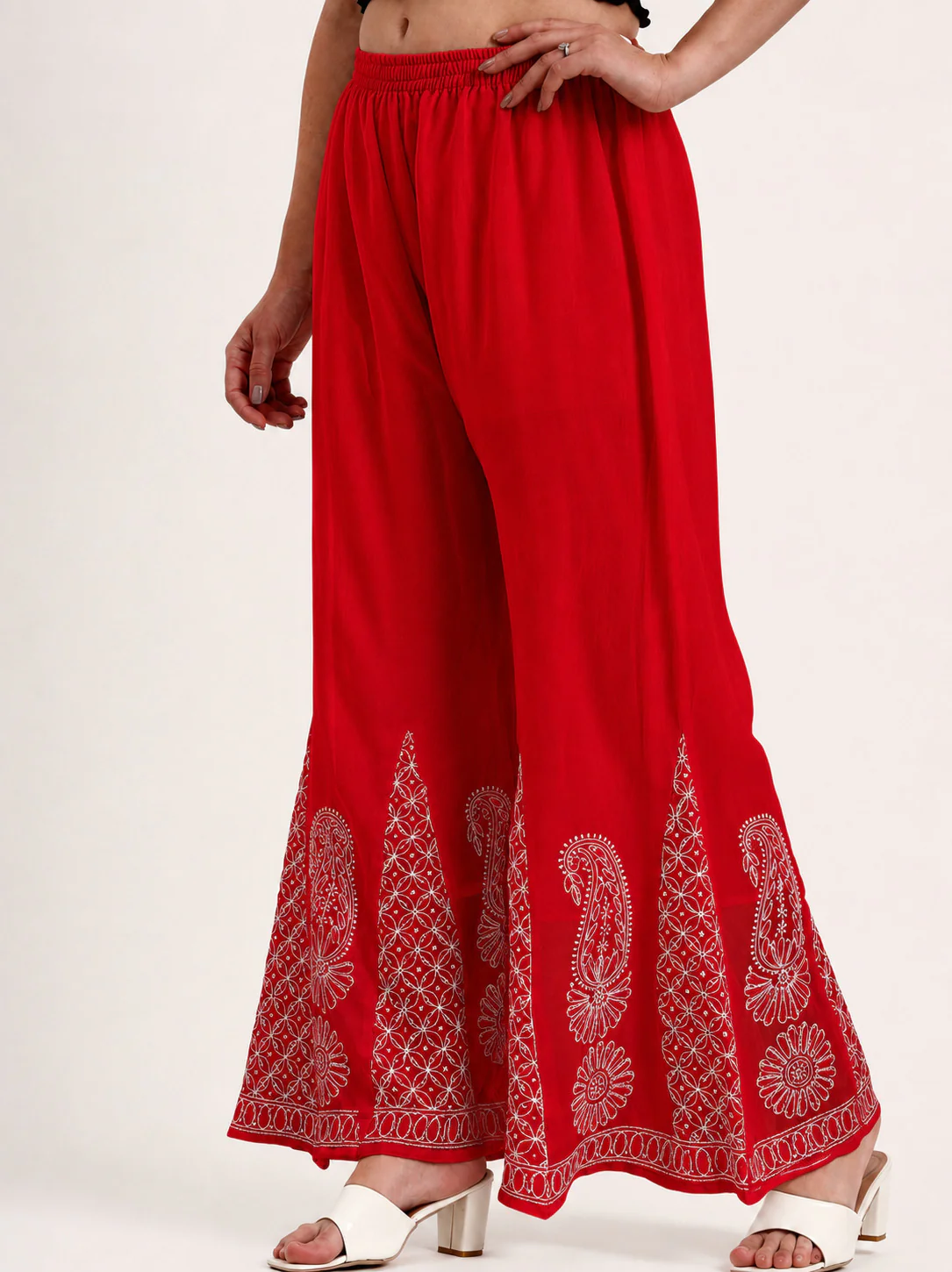 Red Areeba Georgette Chikankari Sharara With White Threadwork - Image 3