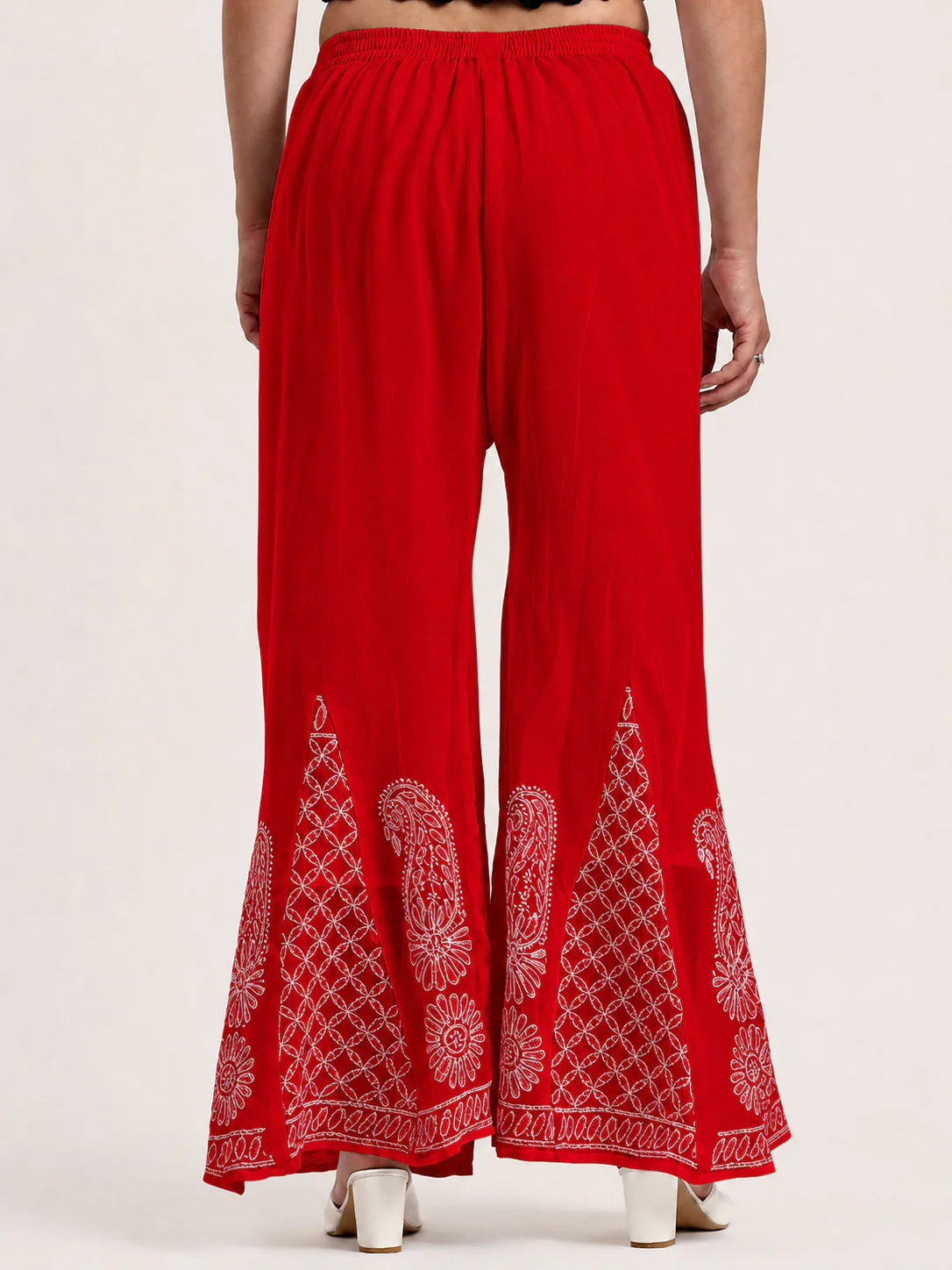 Red Areeba Georgette Chikankari Sharara With White Threadwork - Image 4