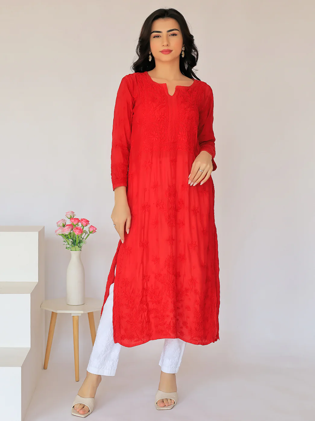 Arzu Upada Silk Chikankari Straight Kurti - Red